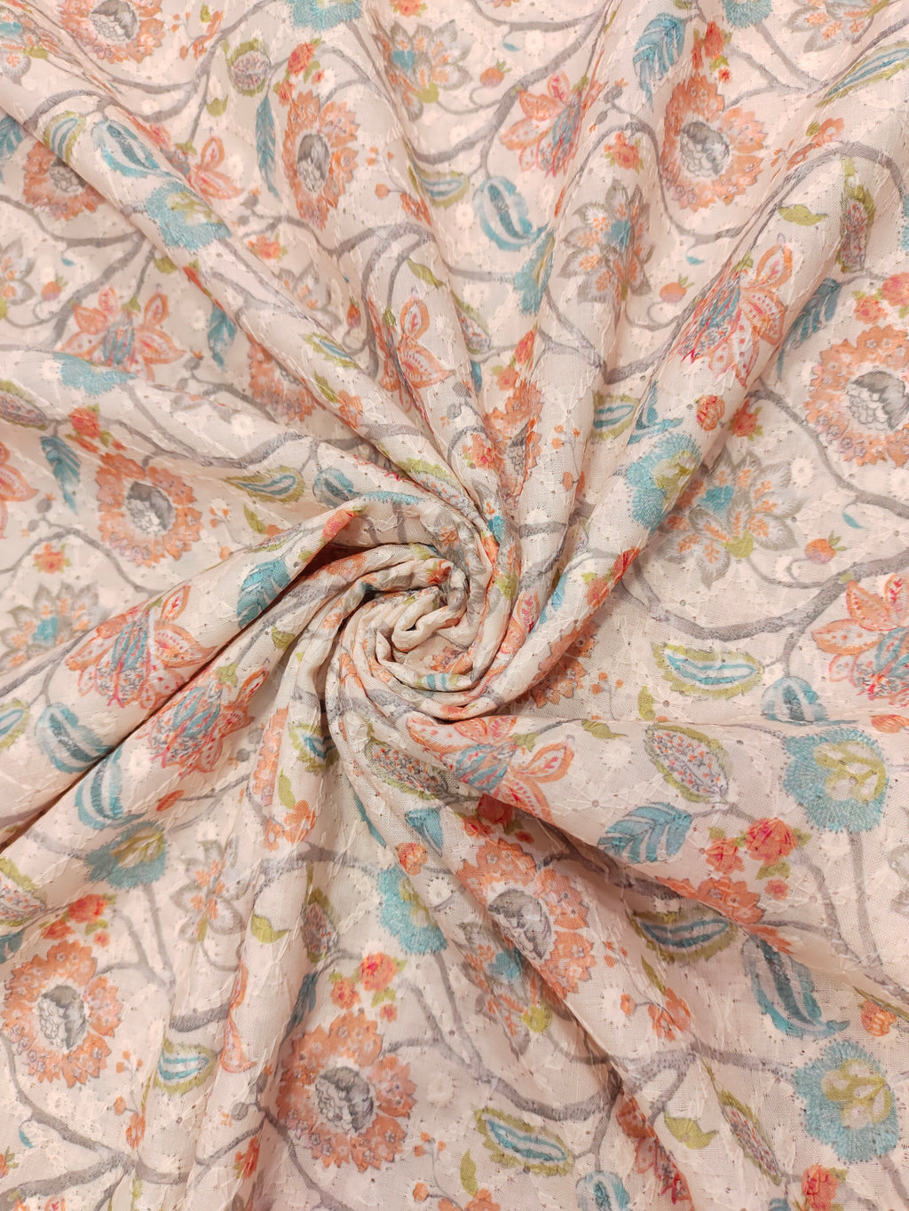 light peach embroidered fabric with rani and blue digital print