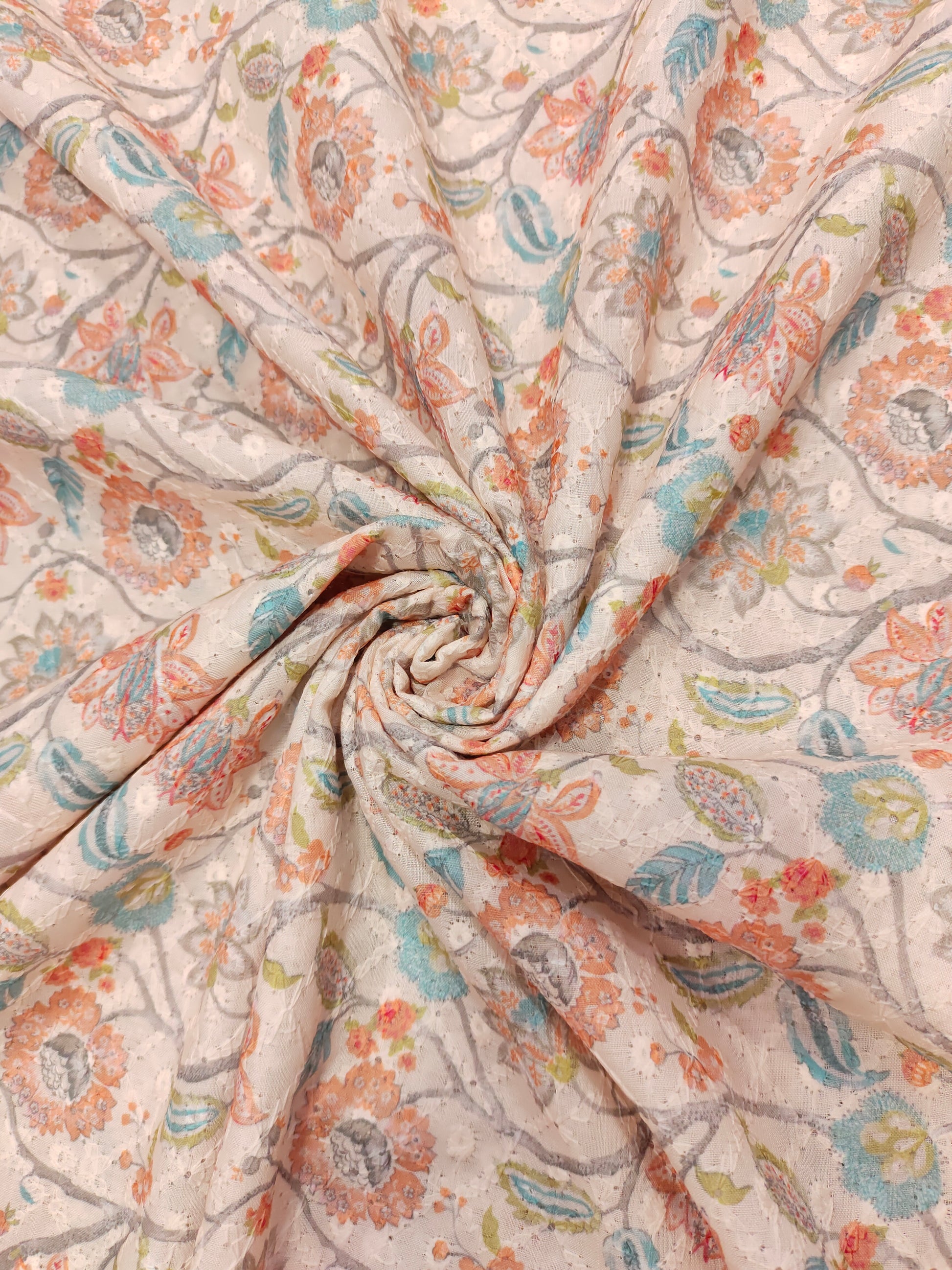 light peach embroidered fabric with rani and blue digital print