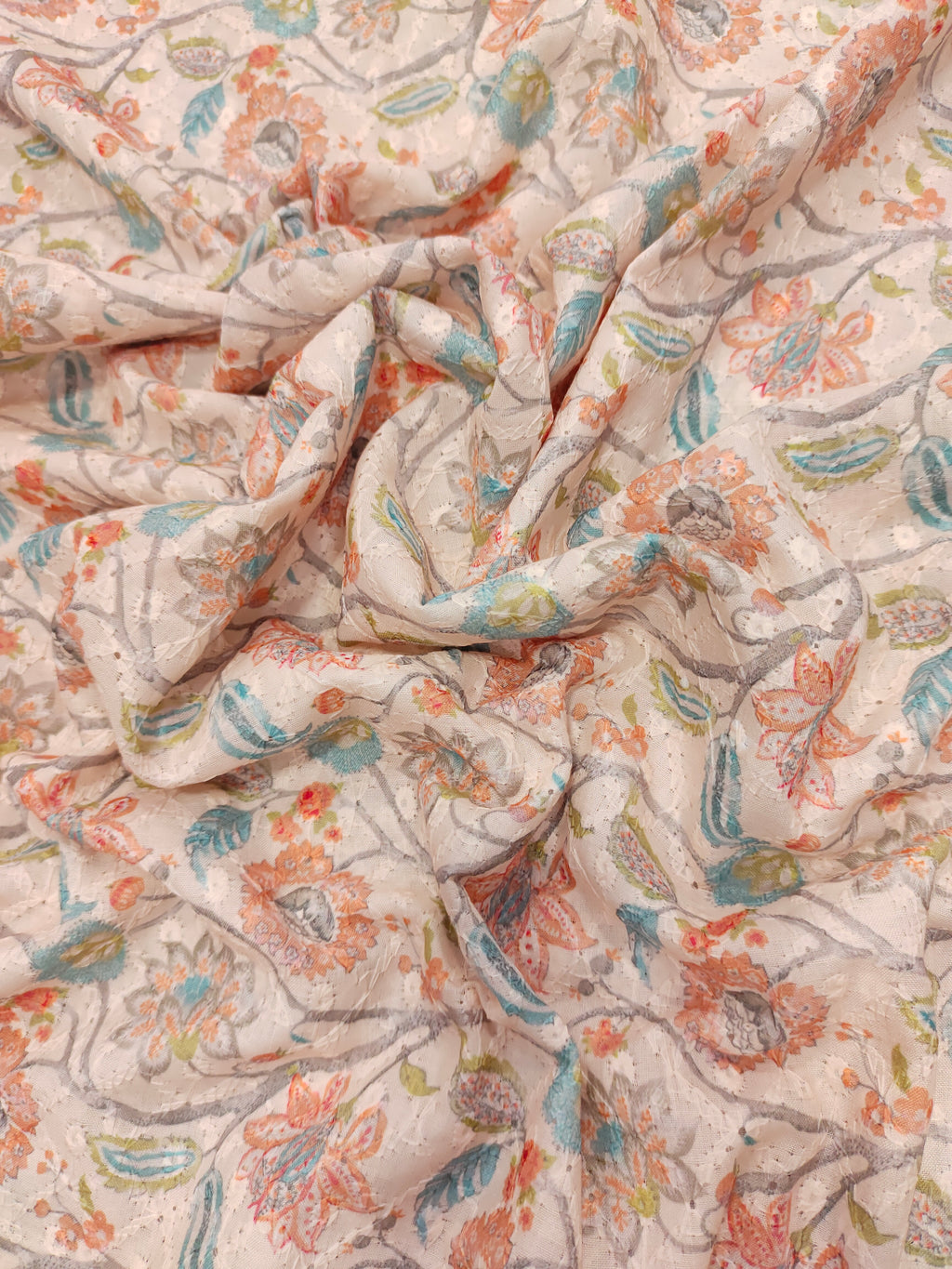 light peach embroidered fabric with rani and blue digital print