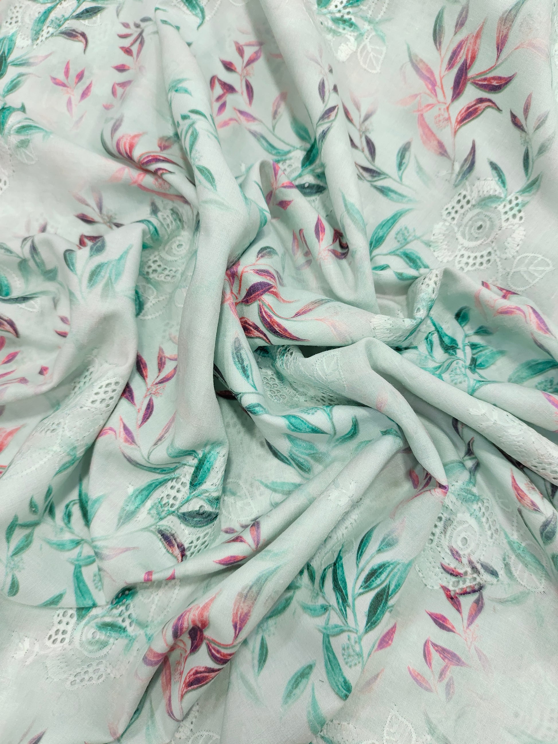 Sea green   cotton embroidered fabric with digital print