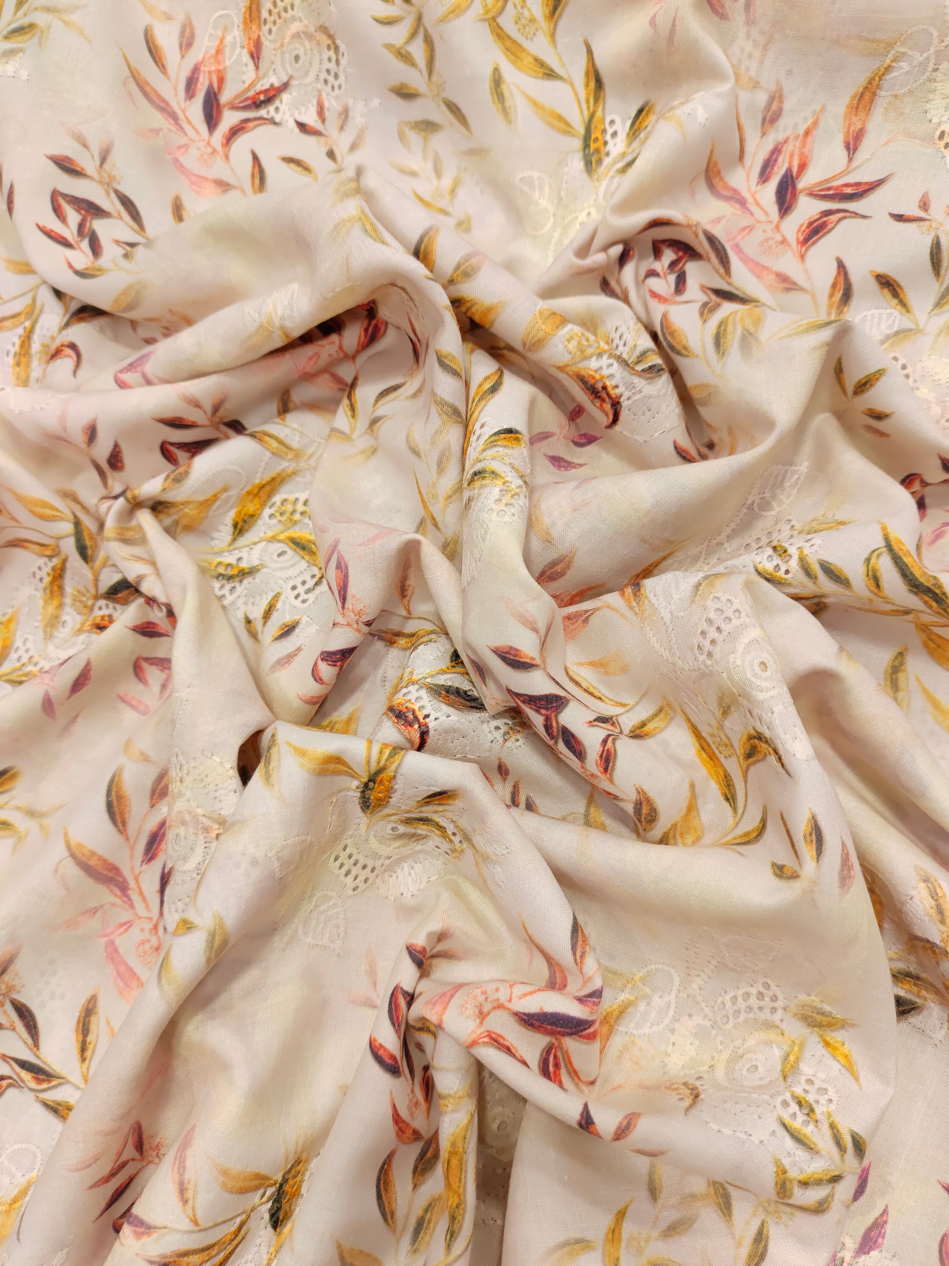 Beige  cotton embroidered fabric with digital print