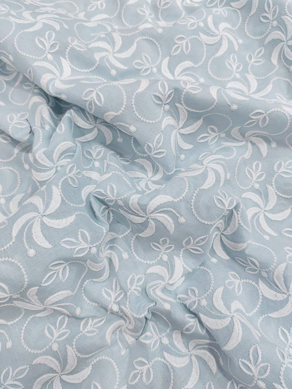 Sky blue cotton embroidered fabric
