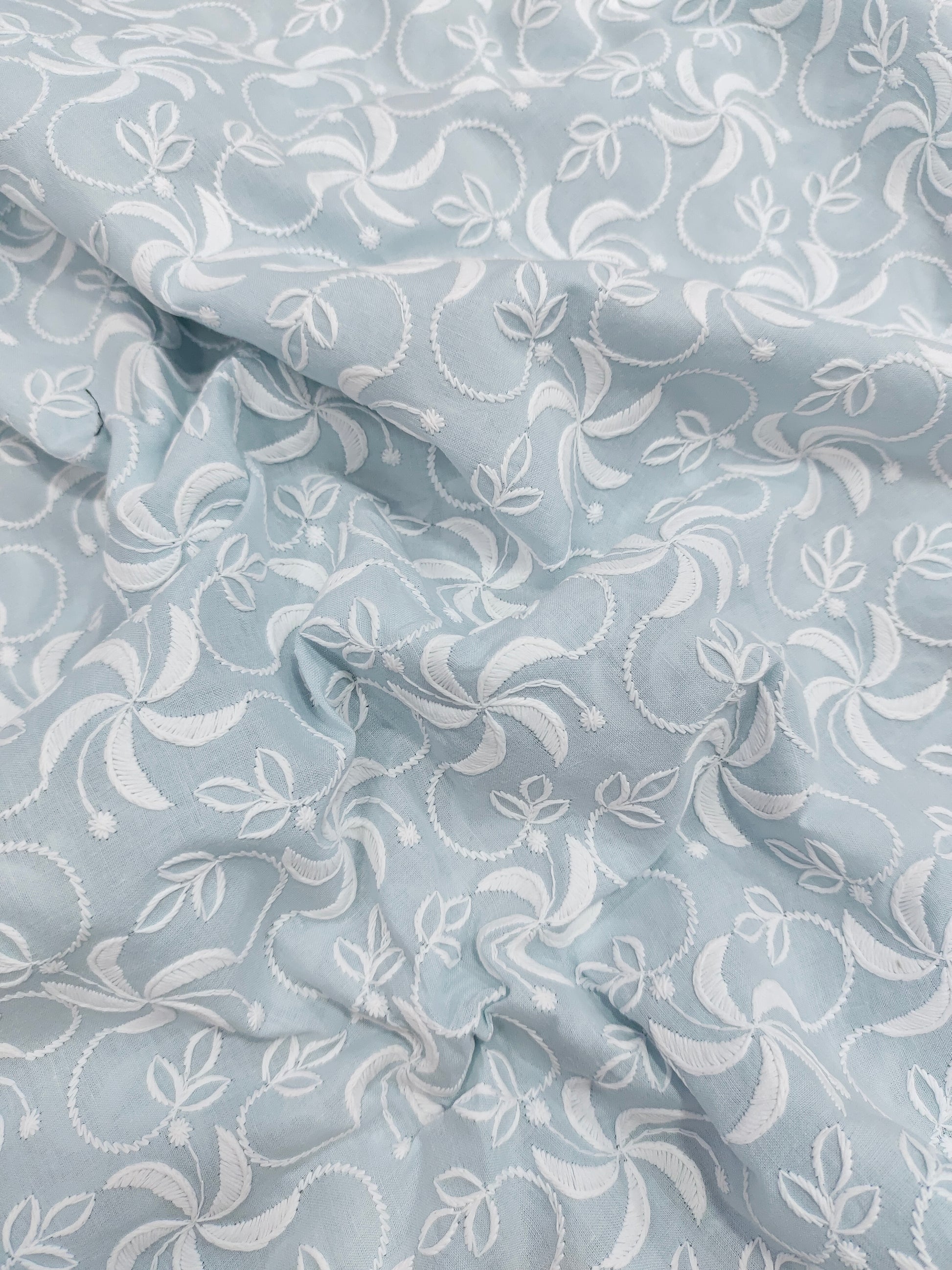 Sky blue cotton embroidered fabric