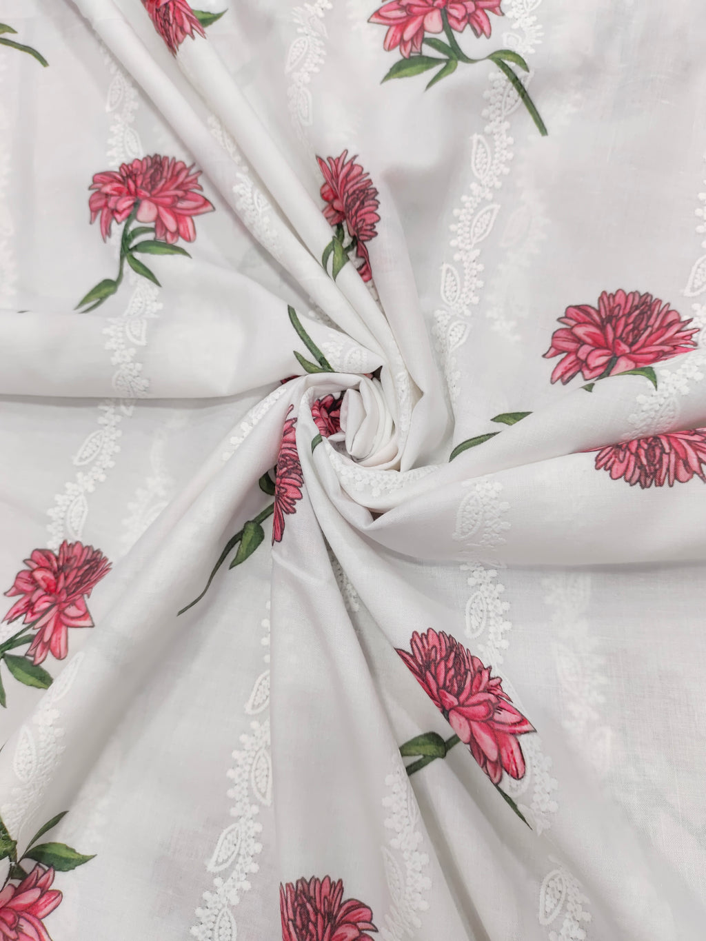 White embroidered with red flowers