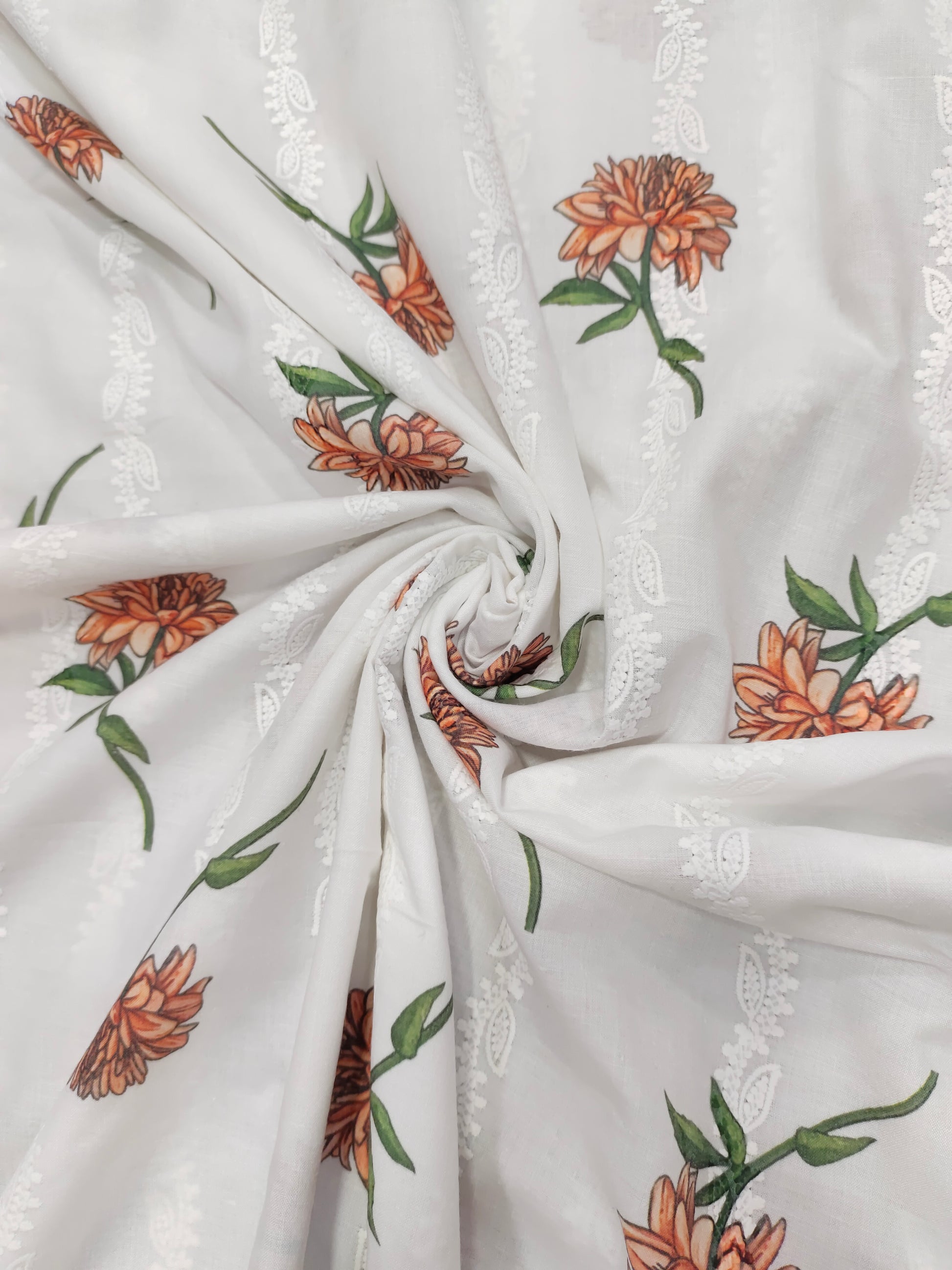White embroidered with orange flowers