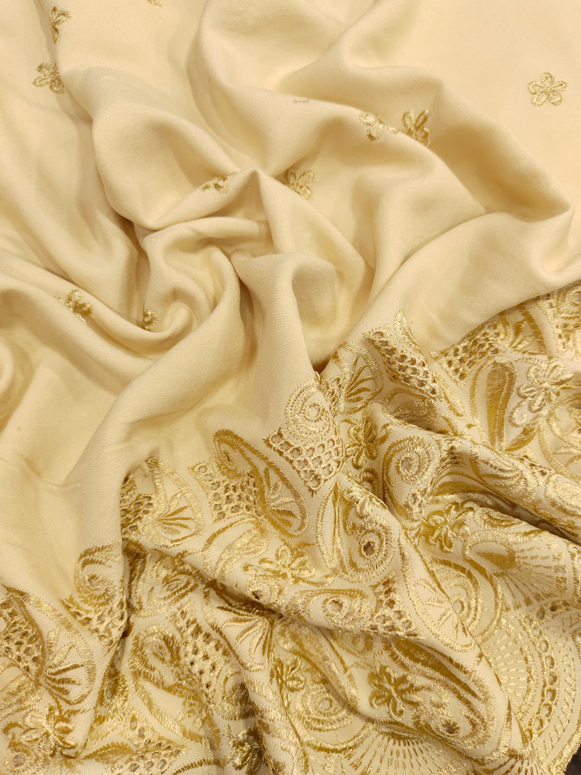 Beige rayon embroidered fabric