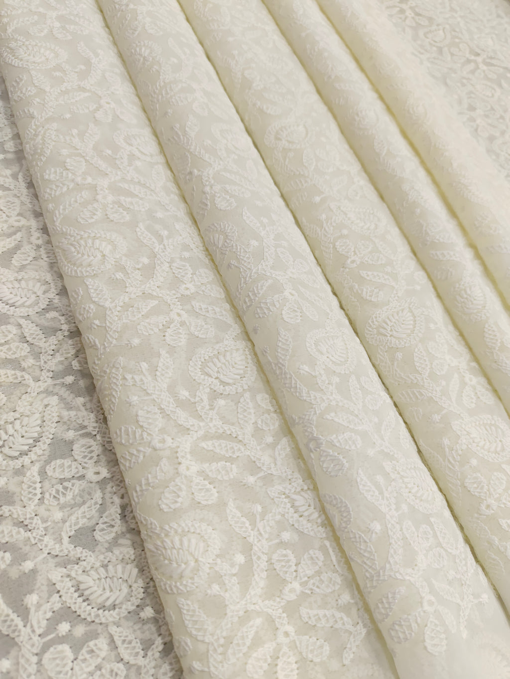 Off white chiffon lucknowi style embroidery fabric