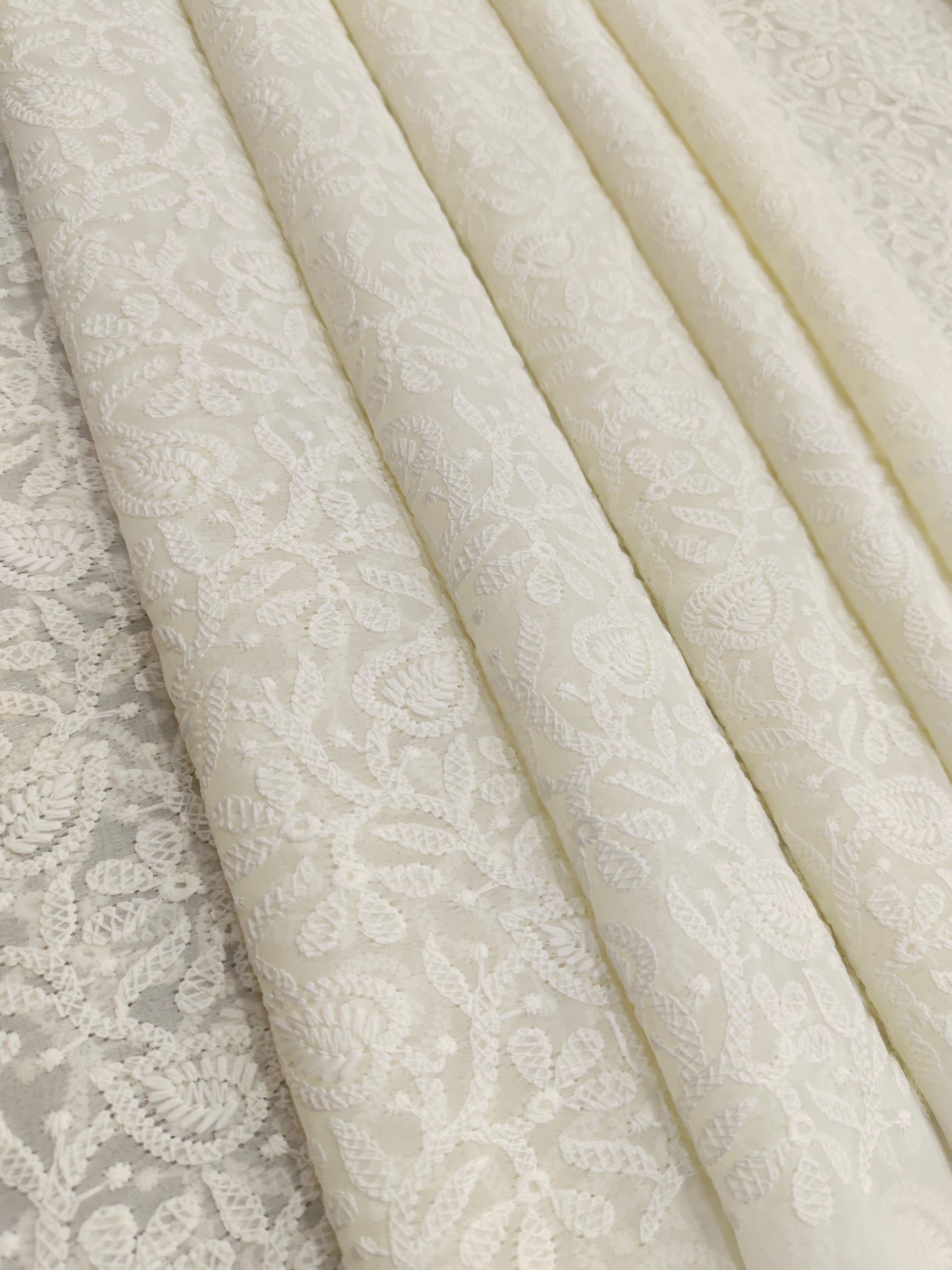 Off white chiffon lucknowi style embroidery fabric