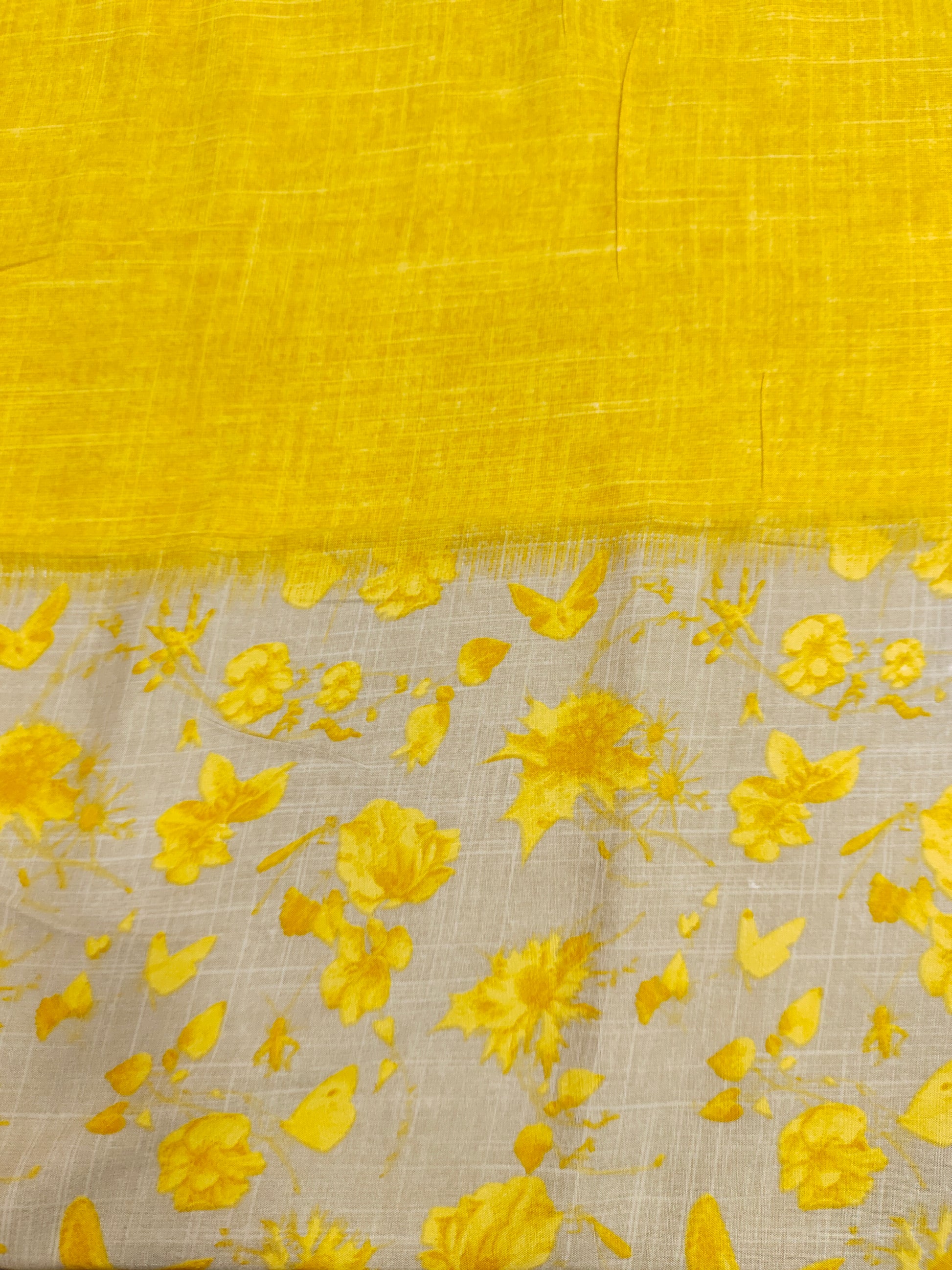 Double shaded rayon fabric mustard & beige base with mustard flowers