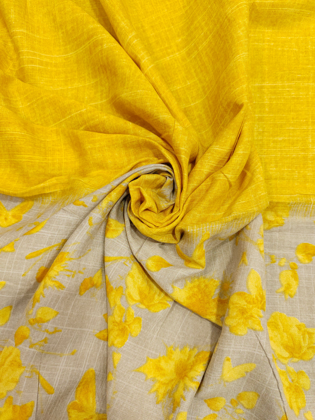 Double shaded rayon fabric mustard & beige base with mustard flowers