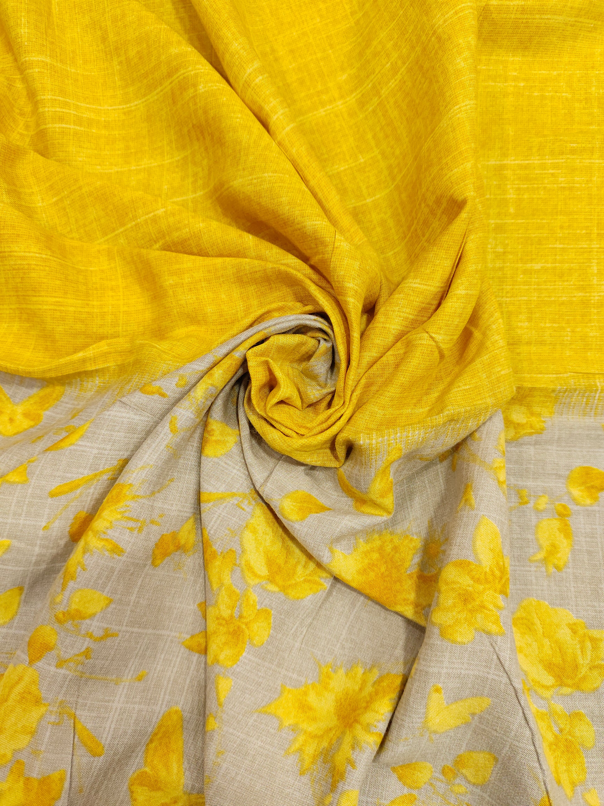 Double shaded rayon fabric mustard & beige base with mustard flowers