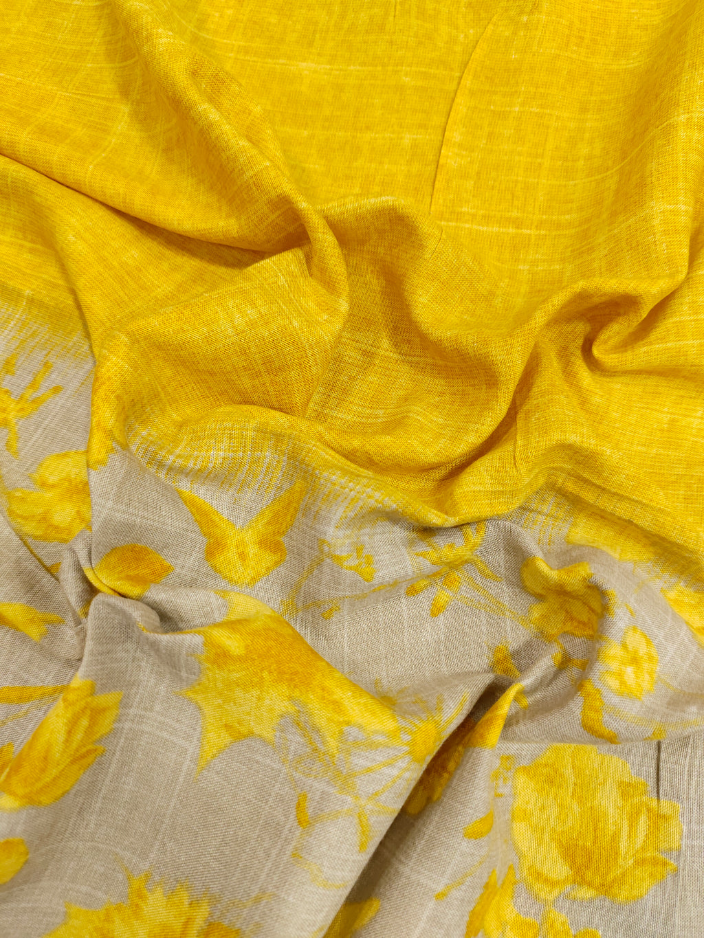 Double shaded rayon fabric mustard & beige base with mustard flowers