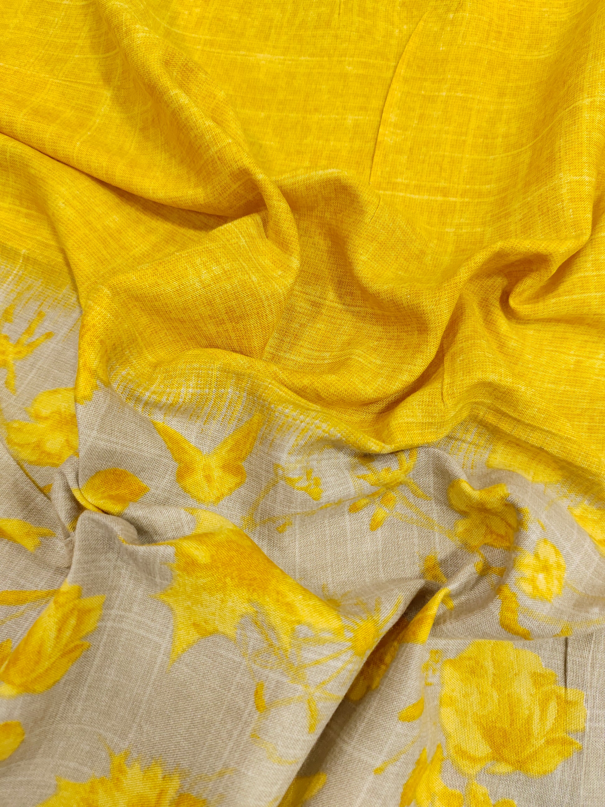 Double shaded rayon fabric mustard & beige base with mustard flowers