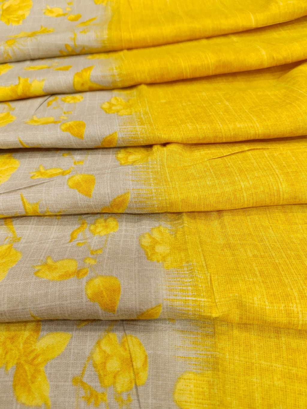 Double shaded rayon fabric mustard & beige base with mustard flowers