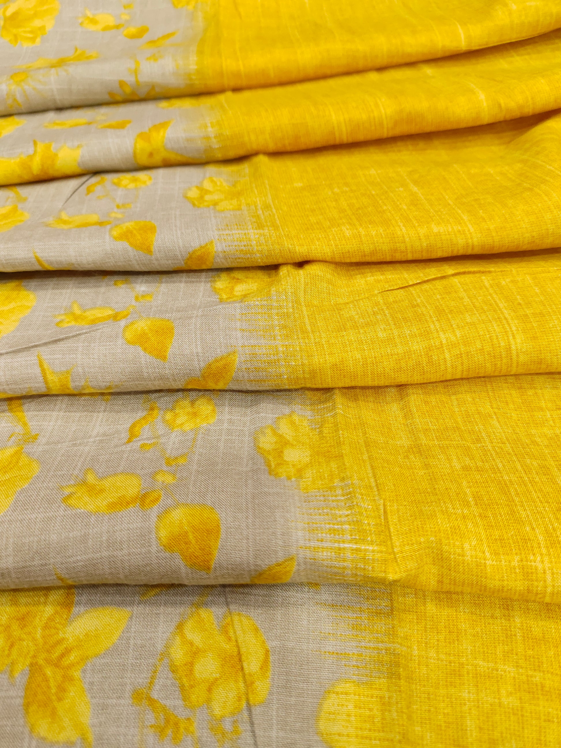 Double shaded rayon fabric mustard & beige base with mustard flowers