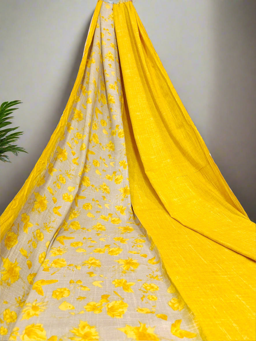 Double shaded rayon fabric mustard & beige base with mustard flowers