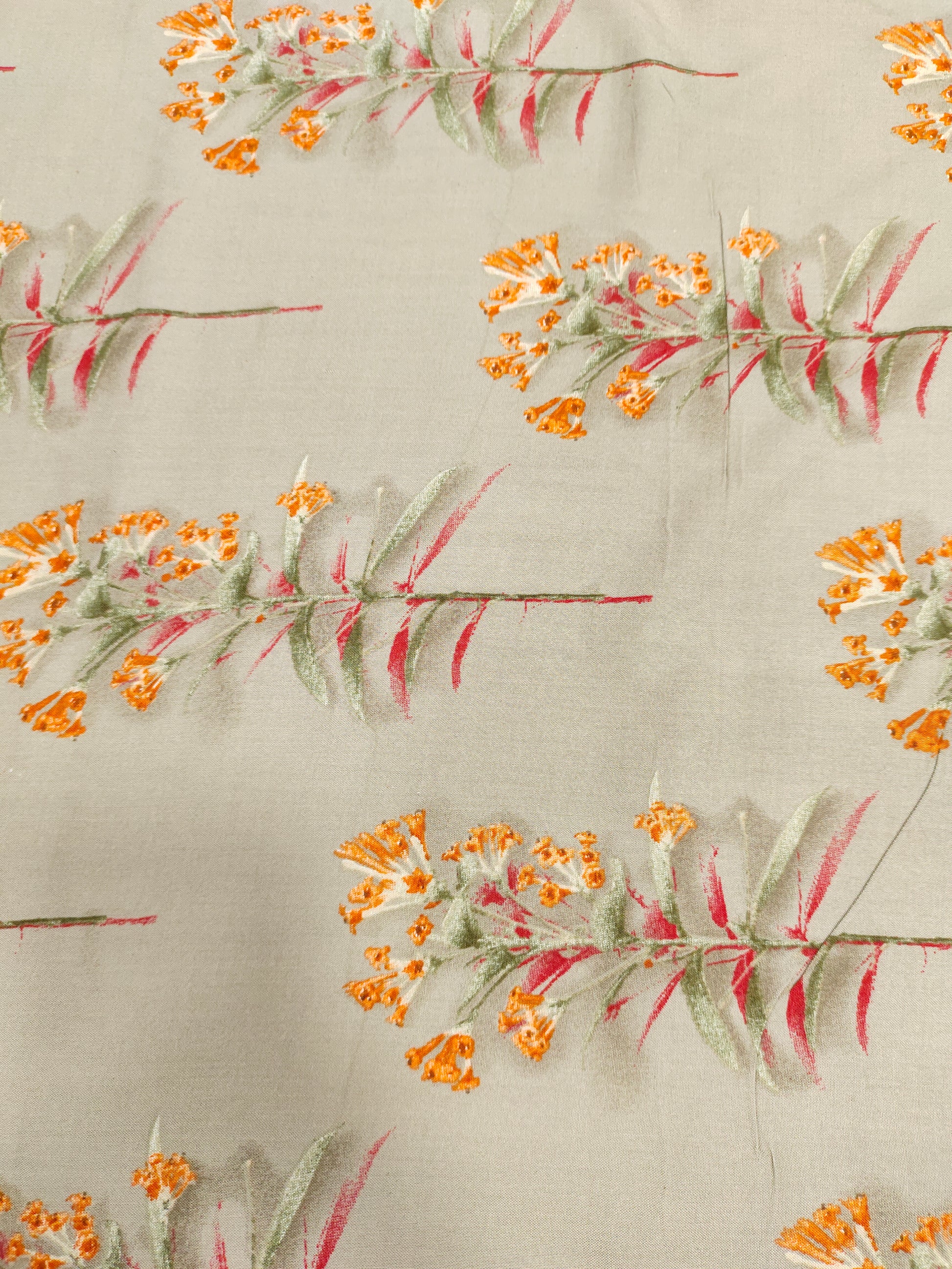 Rayon fabric Grey with orange flowers bunch motifs