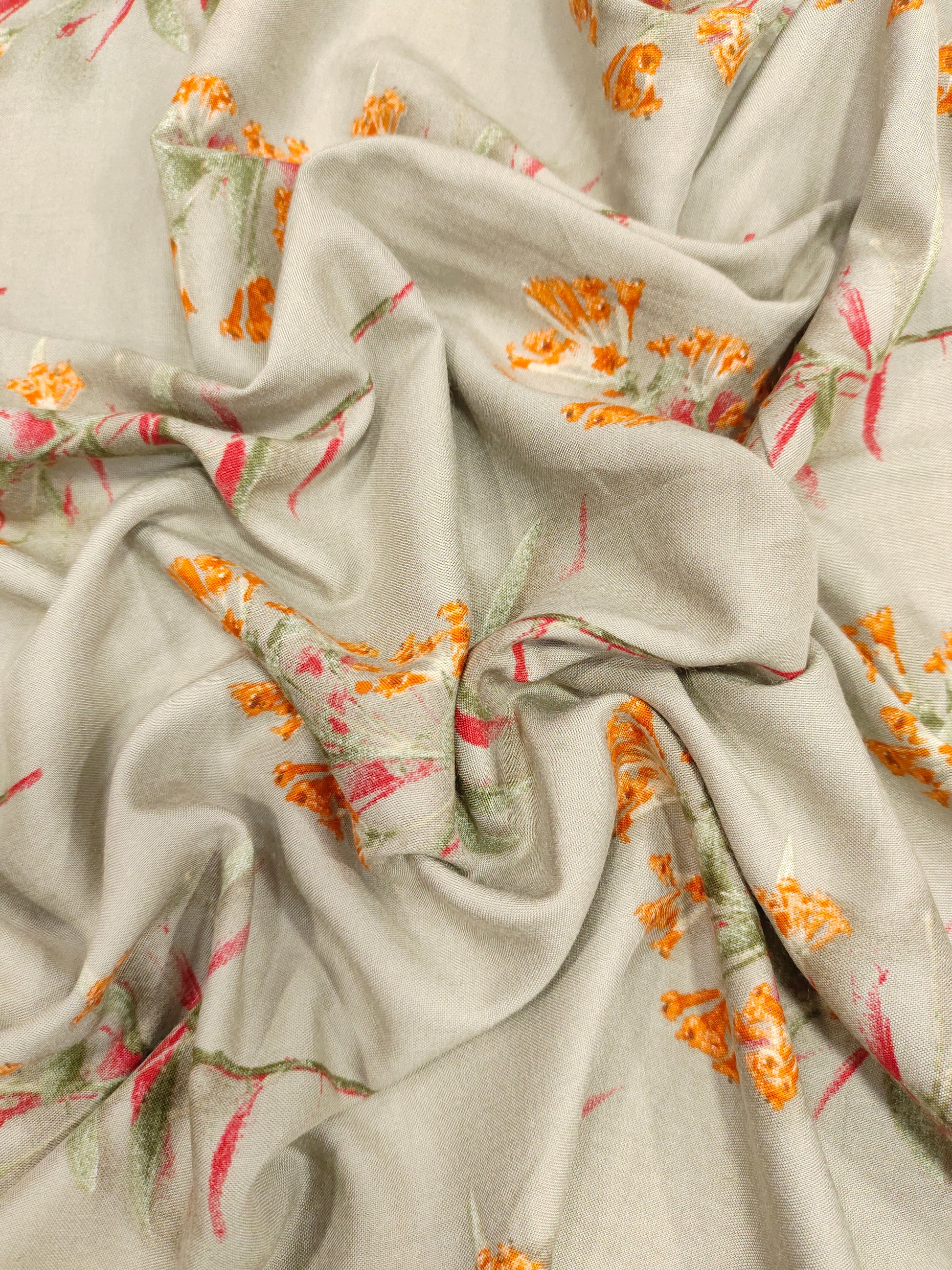 Rayon fabric Grey with orange flowers bunch motifs