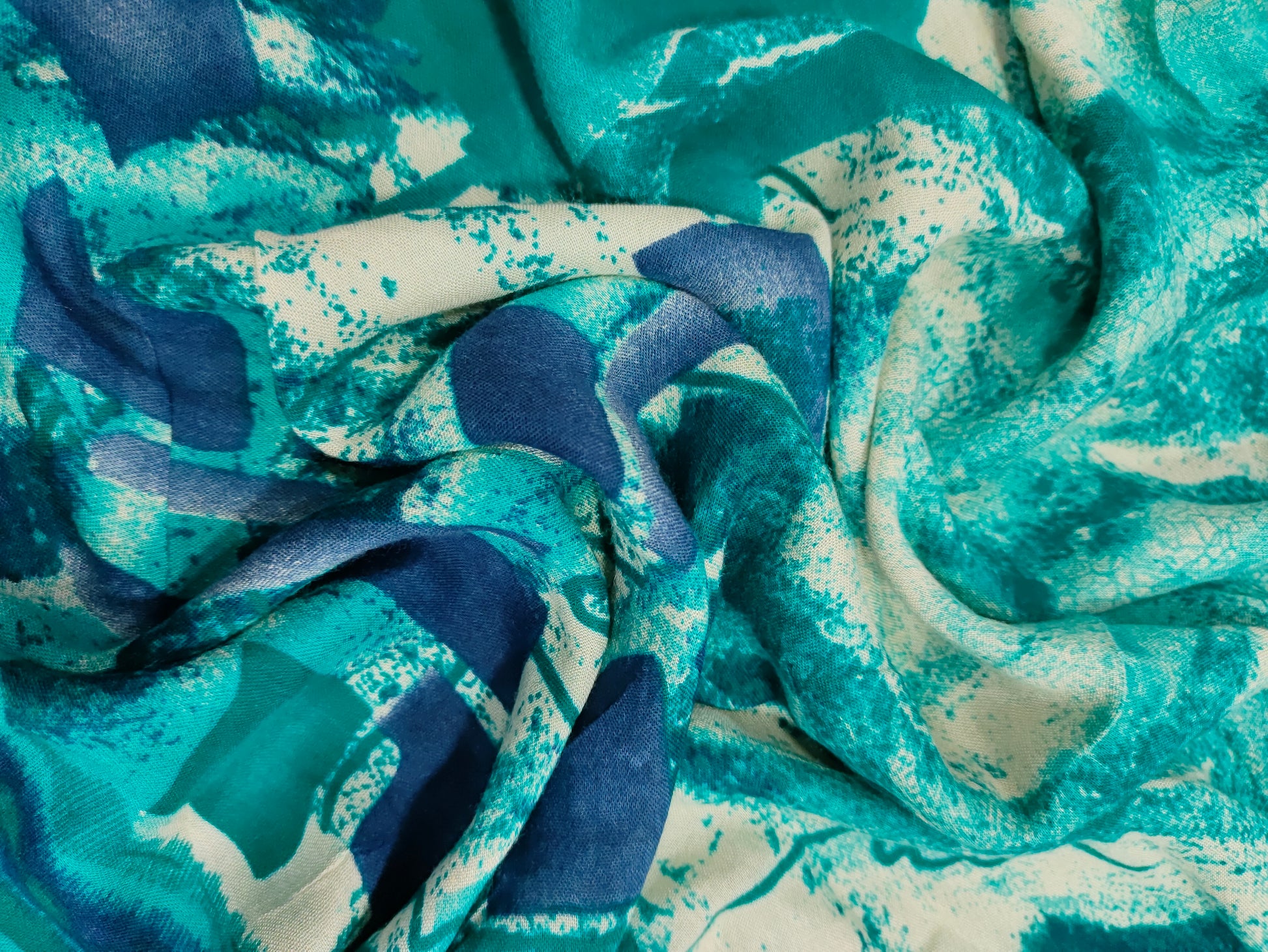 Green and blue rayon printed fabric
