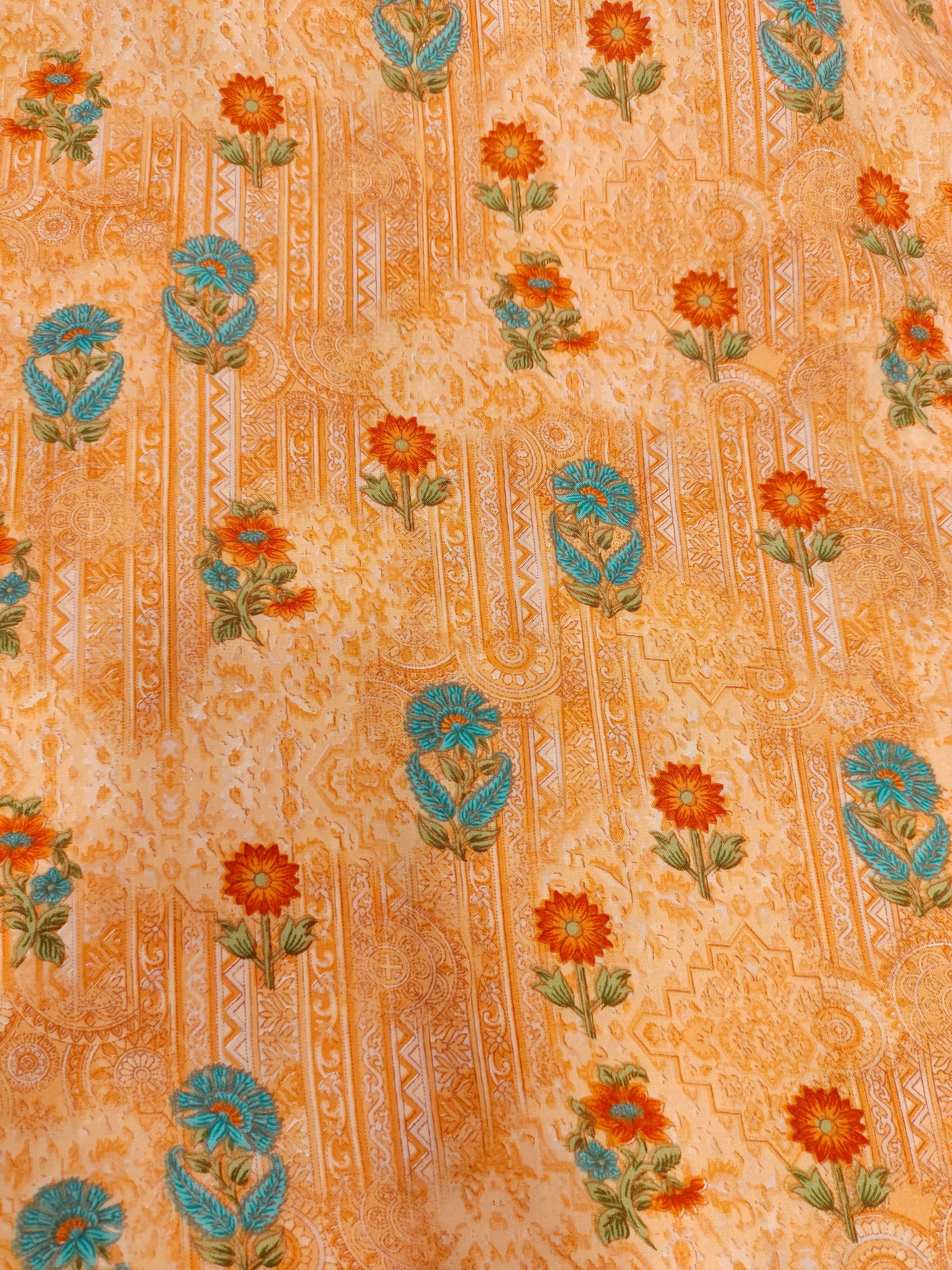 Peach base with orange & blue floral print