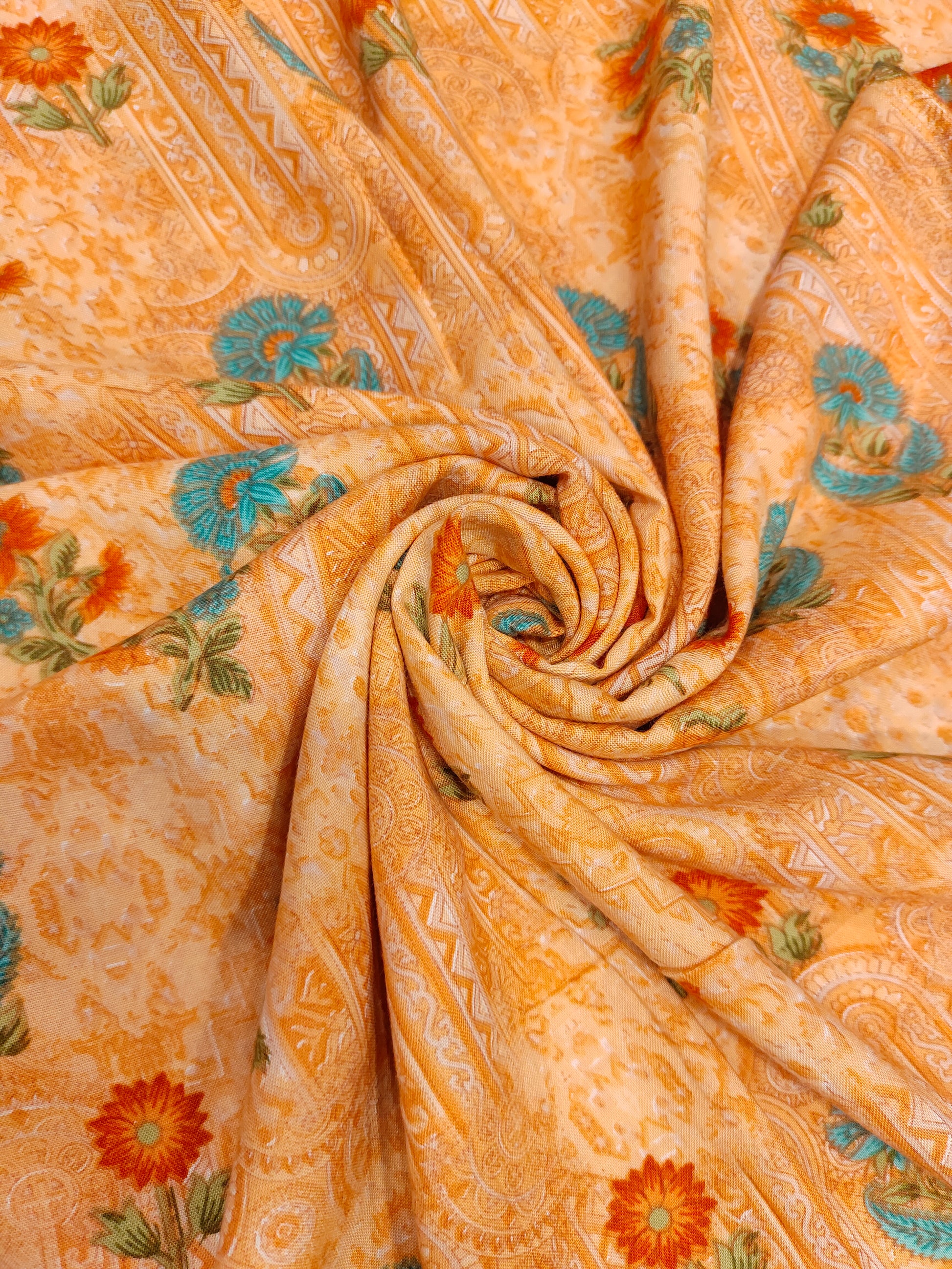 Peach base with orange & blue floral print