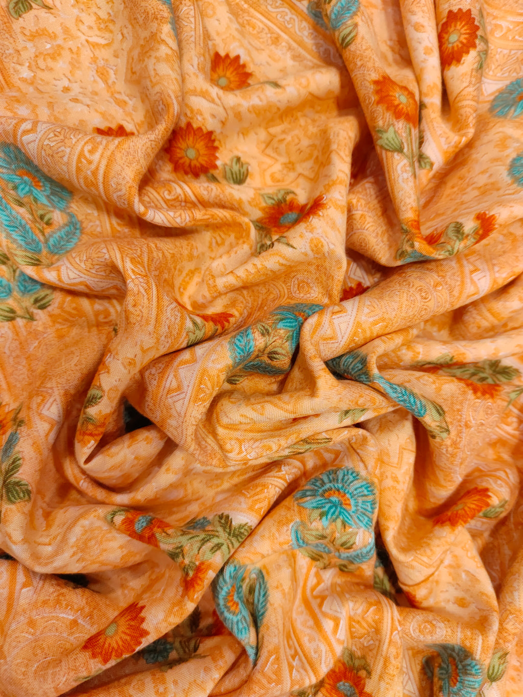 Peach base with orange & blue floral print