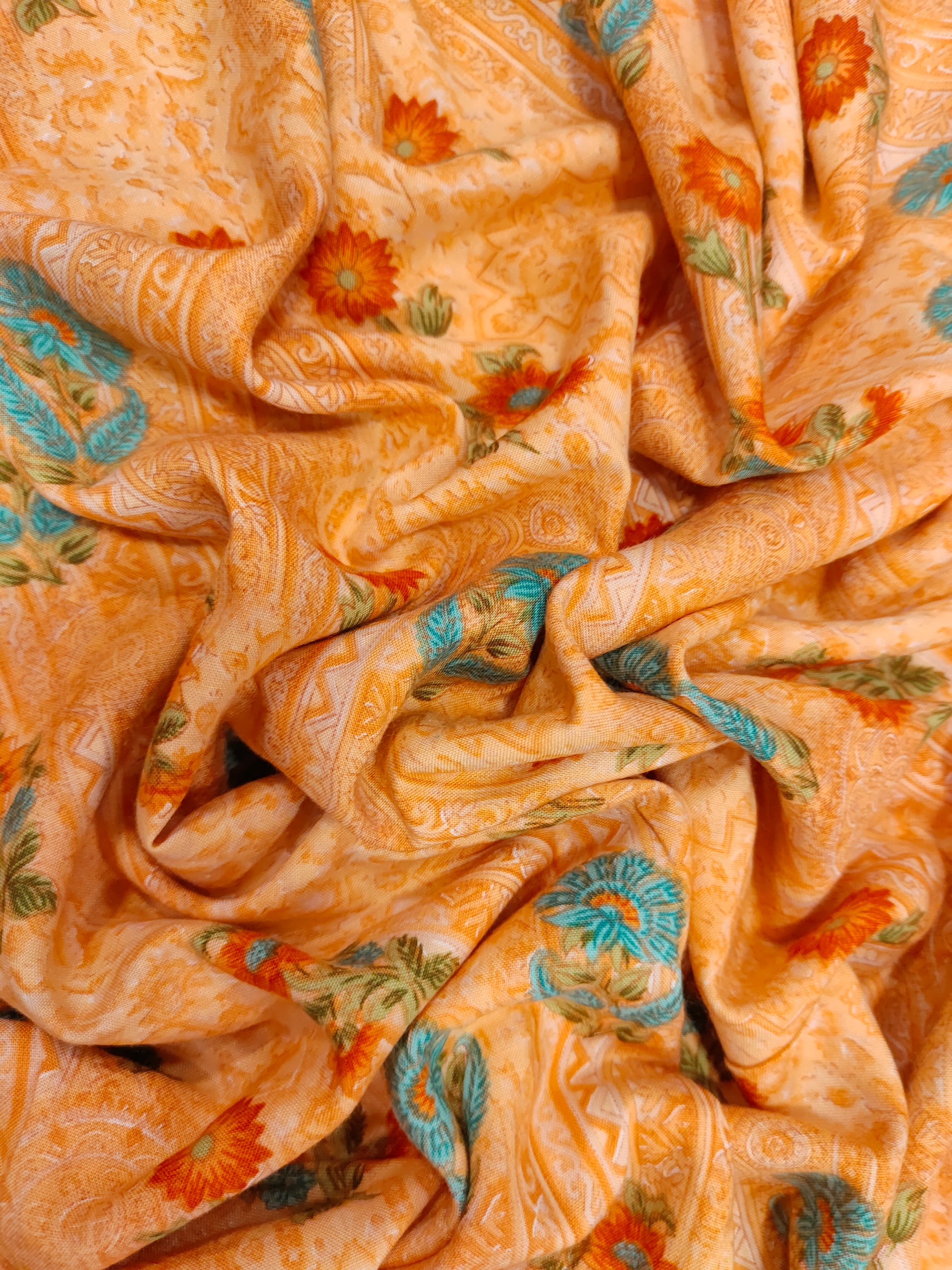 Peach base with orange & blue floral print