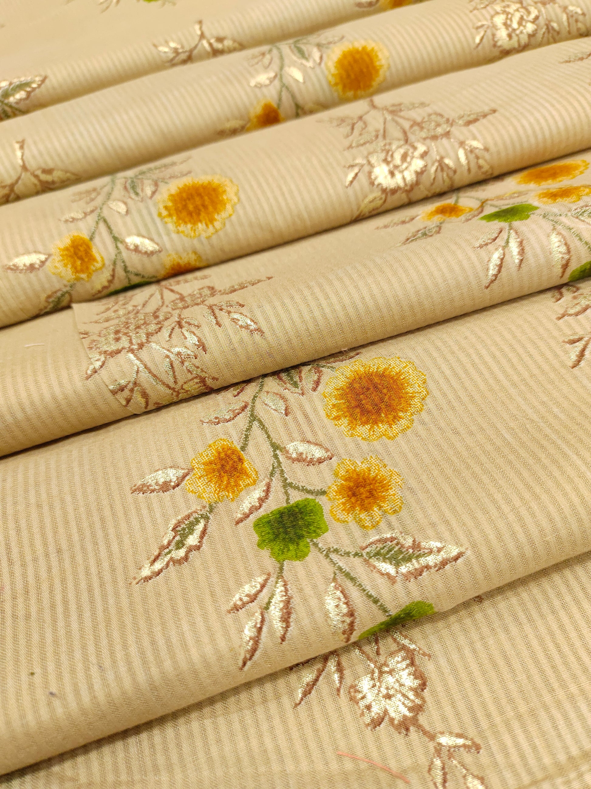 Cotton screen print with self stripe and floral with gold finish