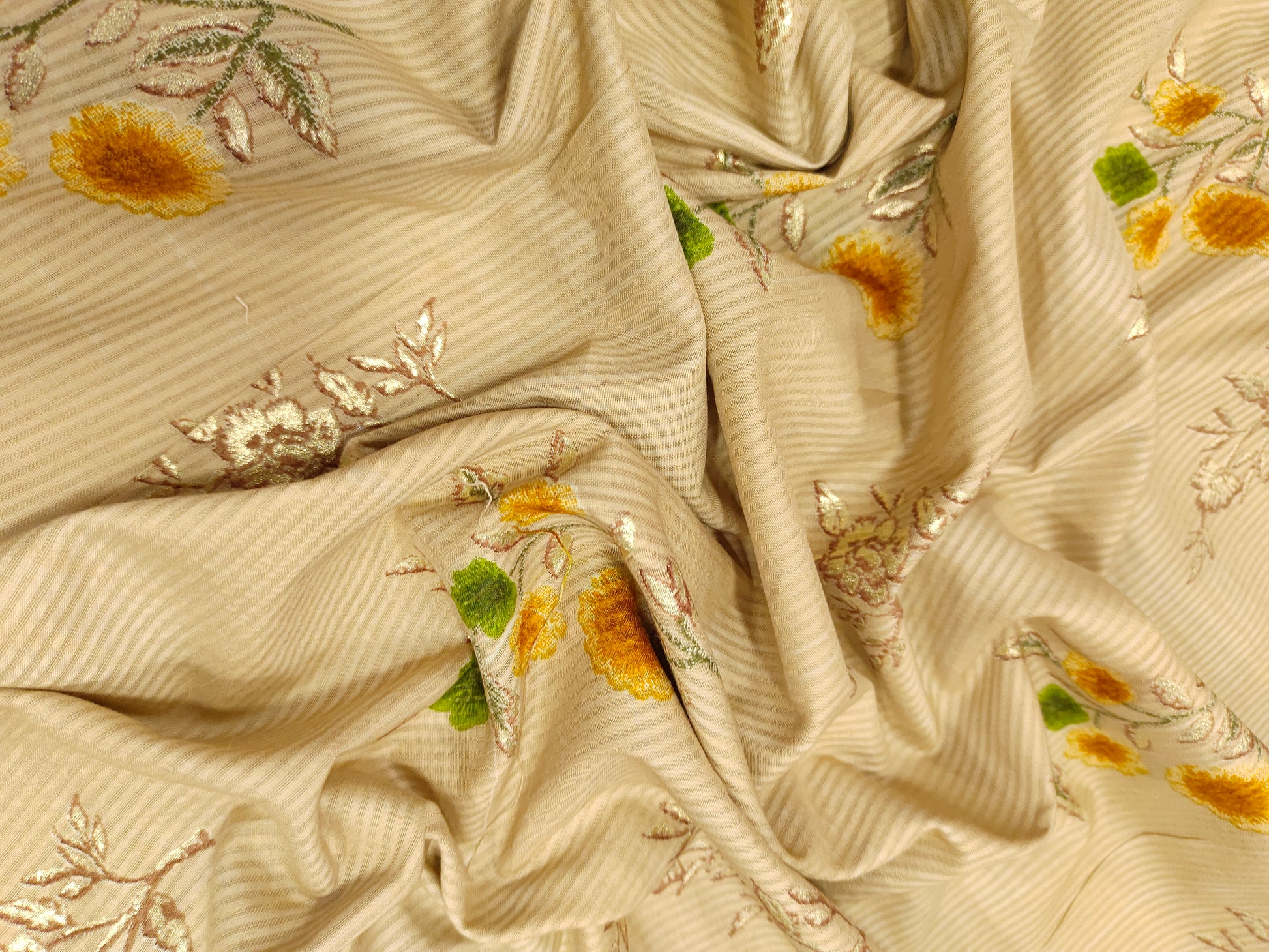 Cotton screen print with self stripe and floral with gold finish