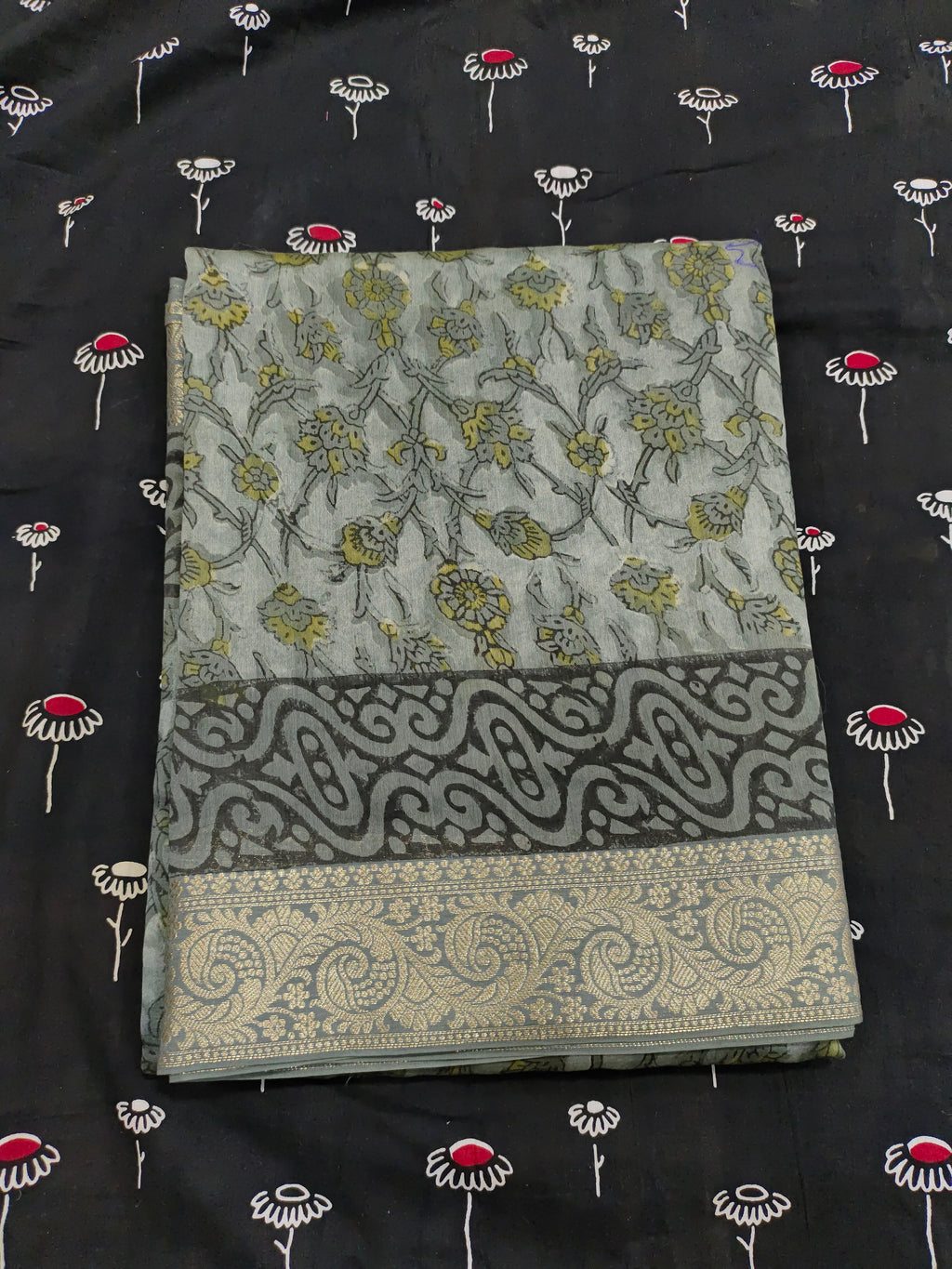 Silk sico border in ajrak print saree