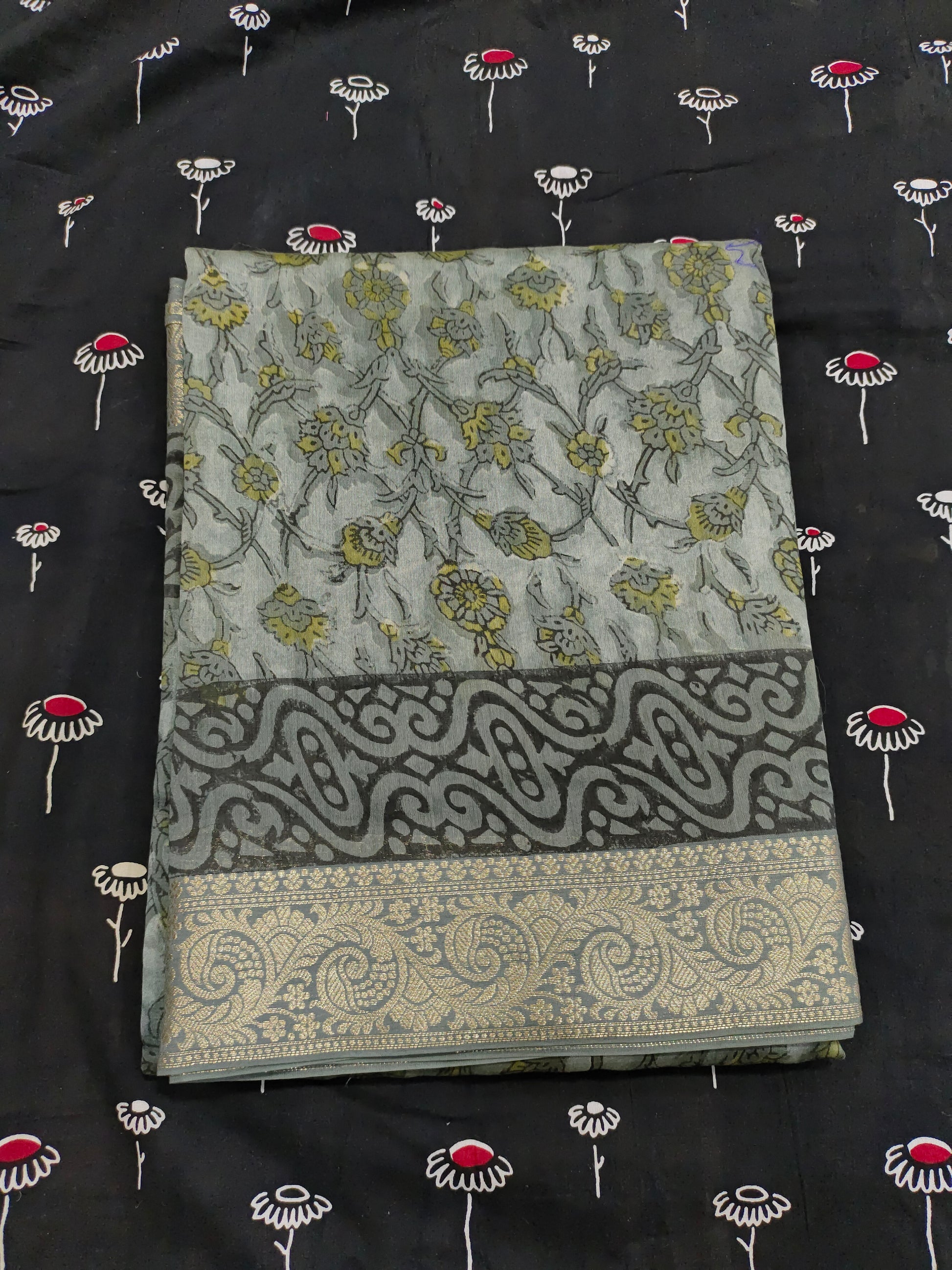 Silk sico border in ajrak print saree
