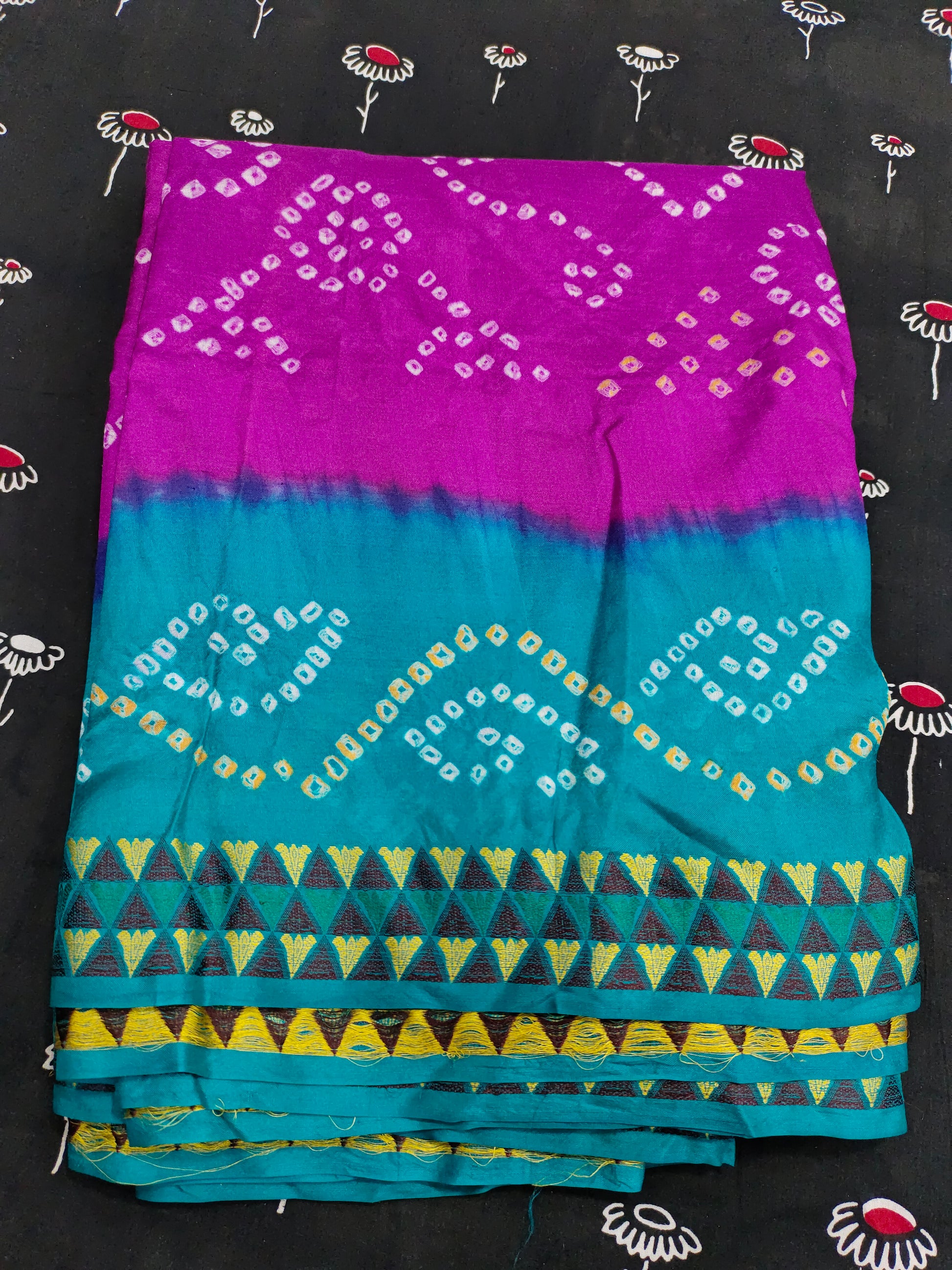Pure silk bandhani with pink & blue