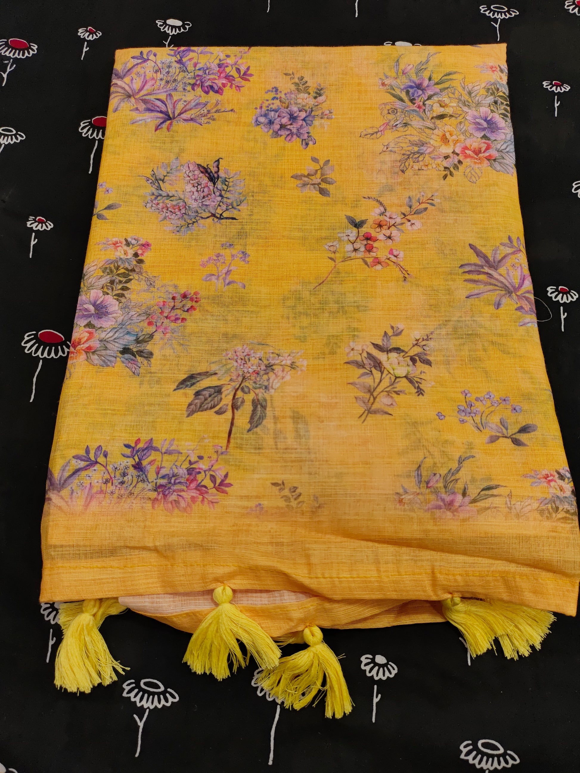 Yellow floral linen saree