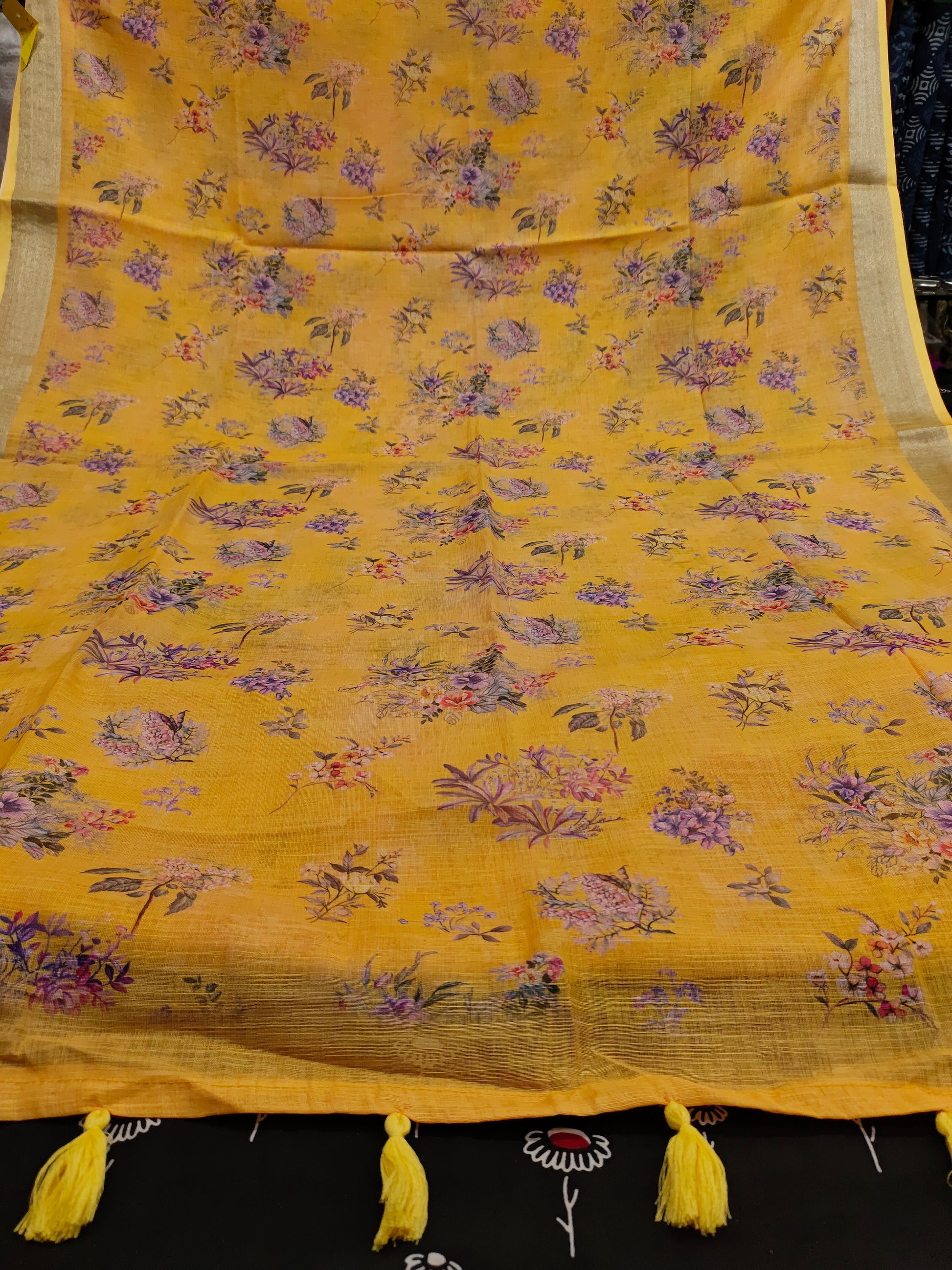 Yellow floral linen saree