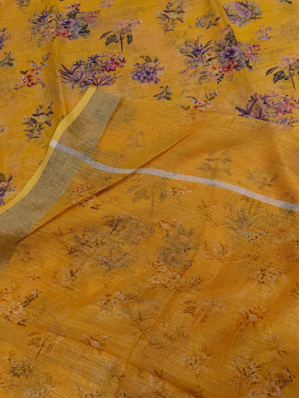 Yellow floral linen saree