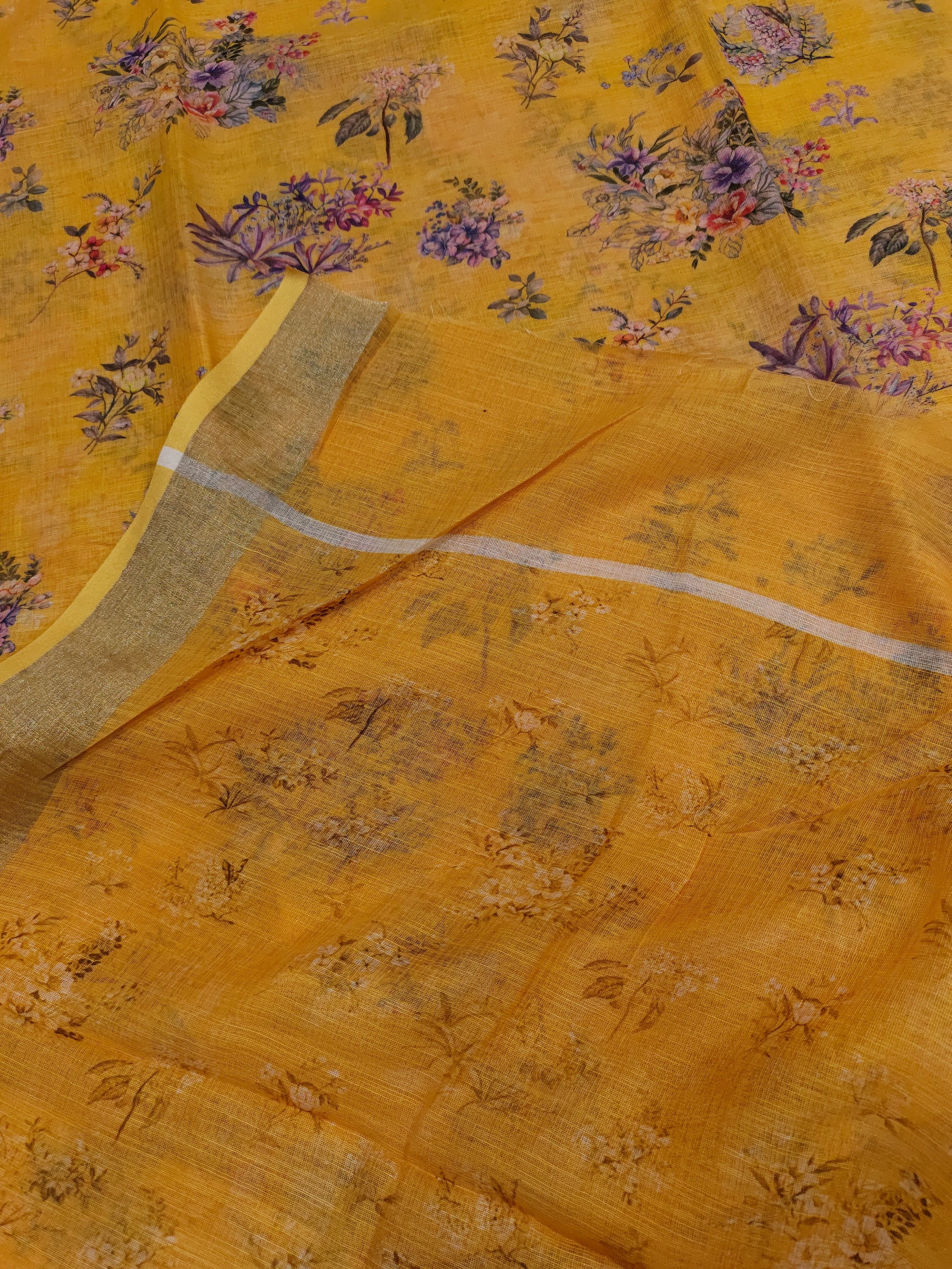 Yellow floral linen saree