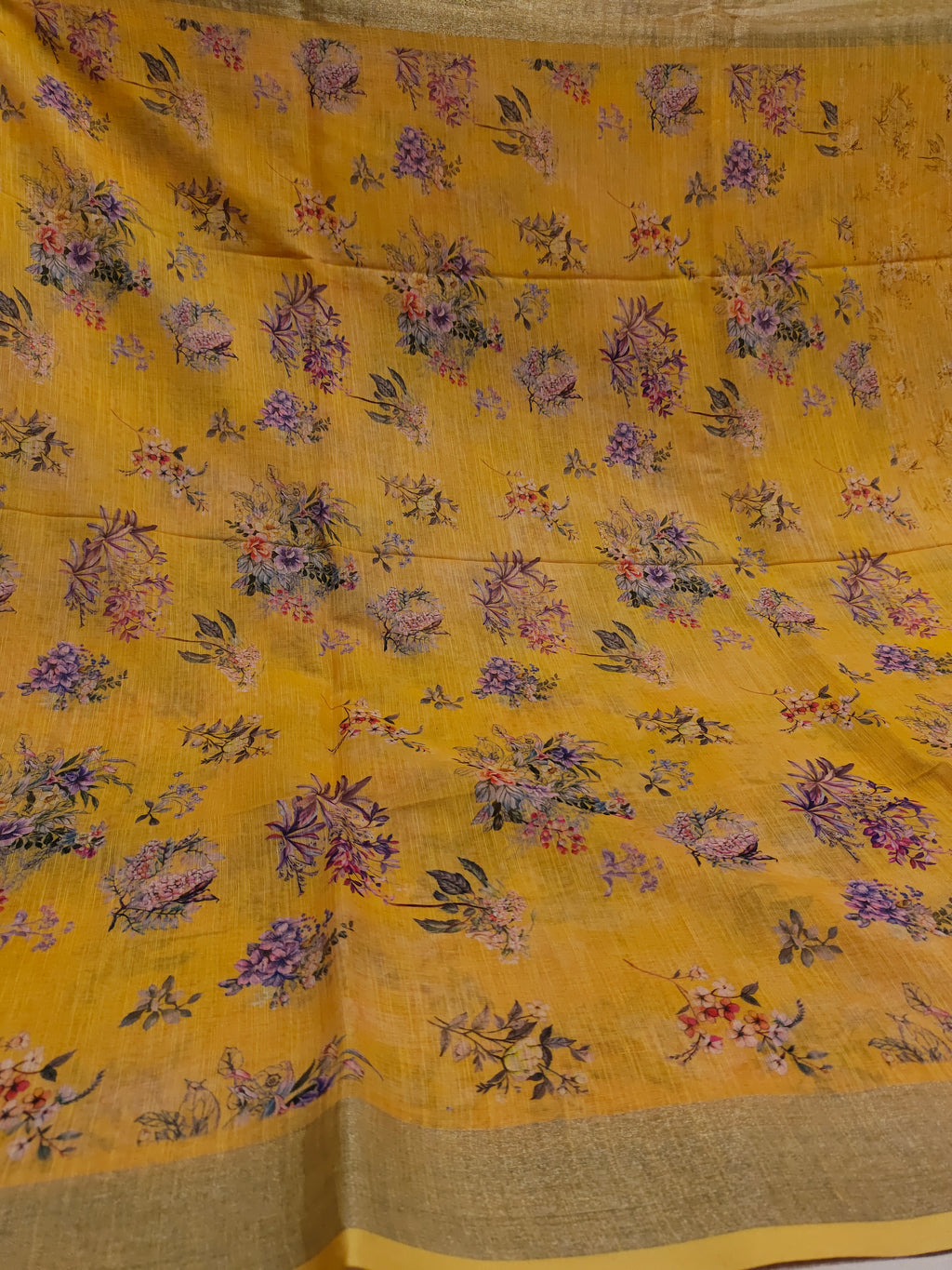 Yellow floral linen saree