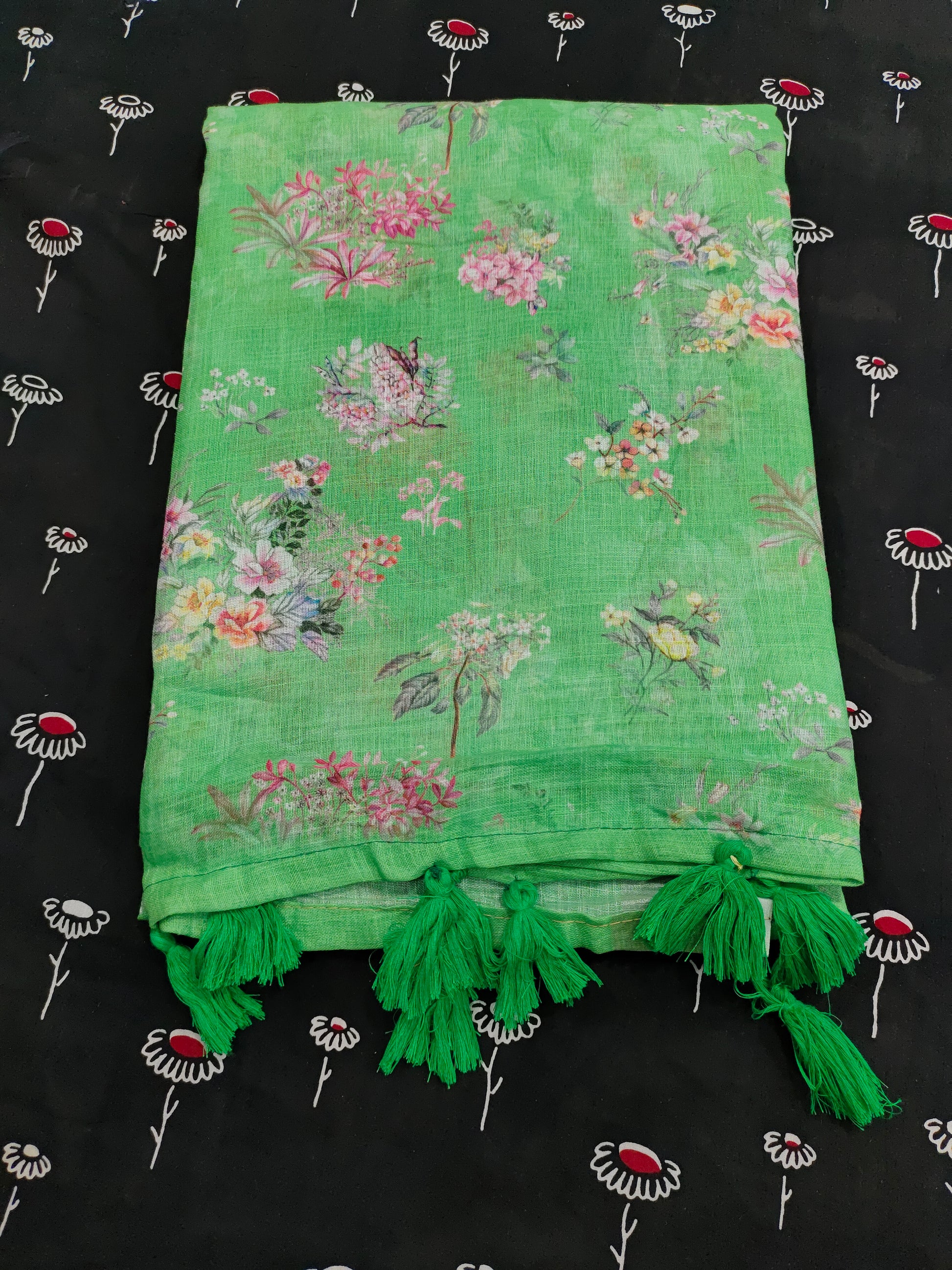Green floral linen saree