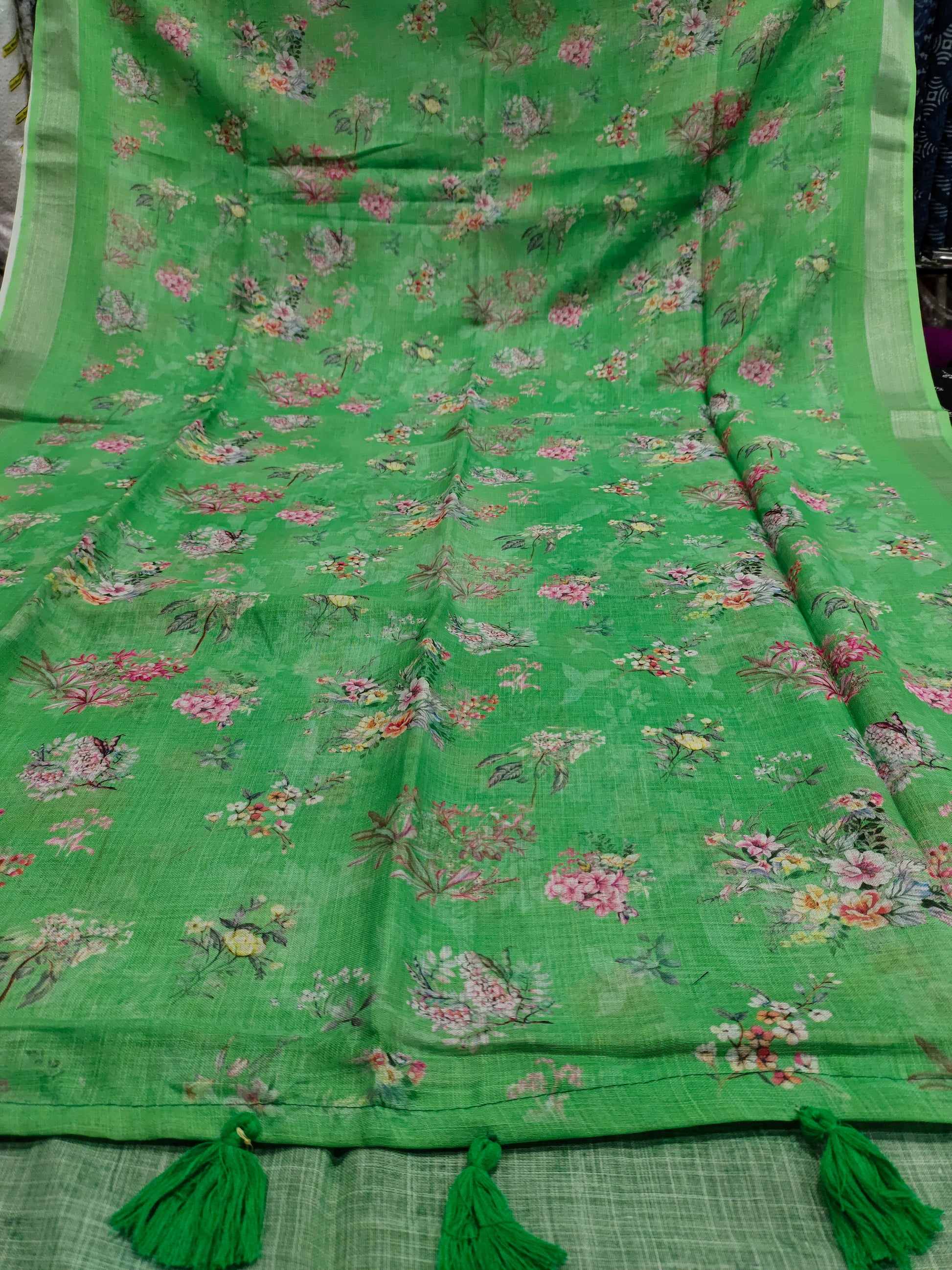 Green floral linen saree