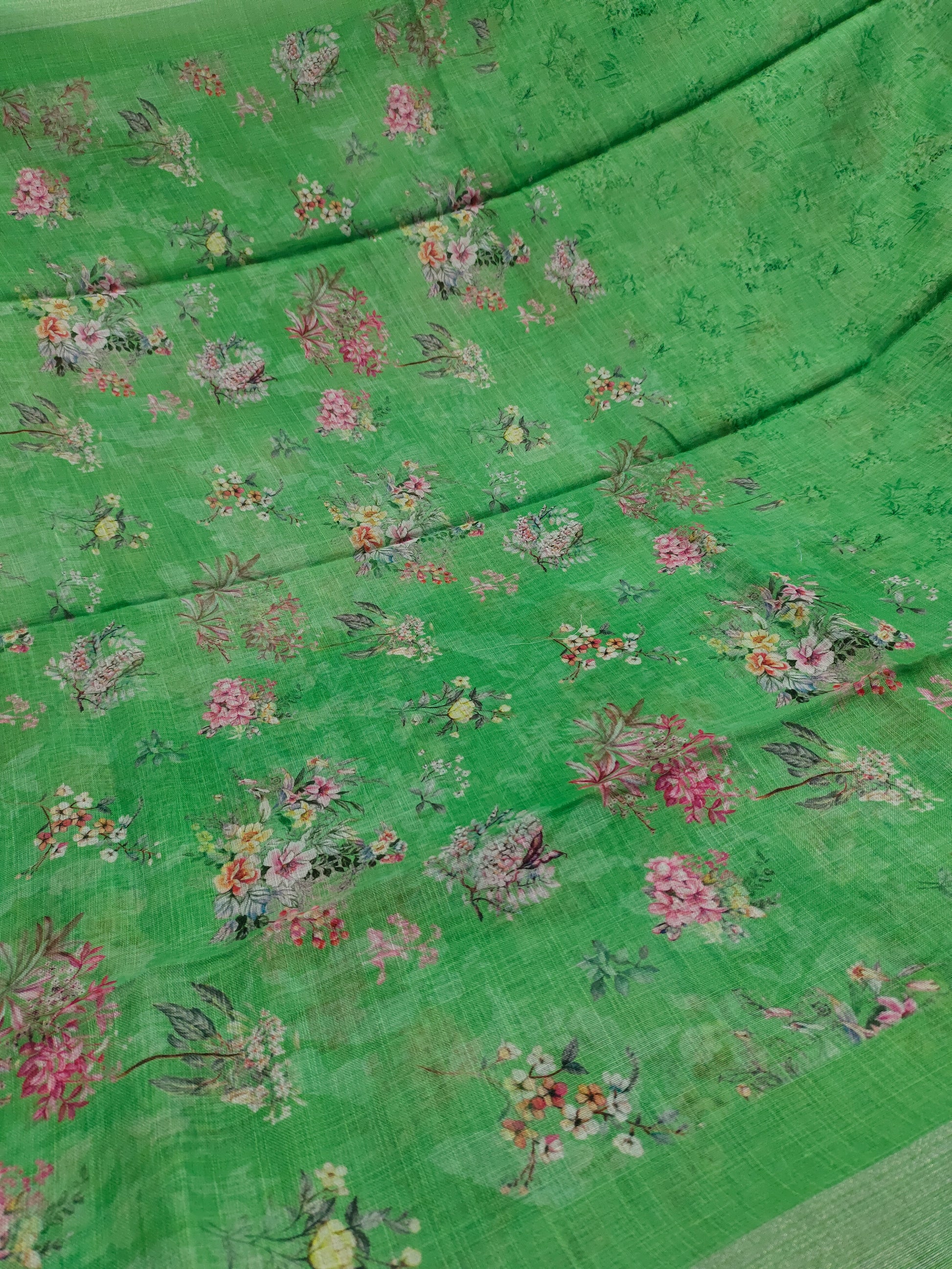 Green floral linen saree