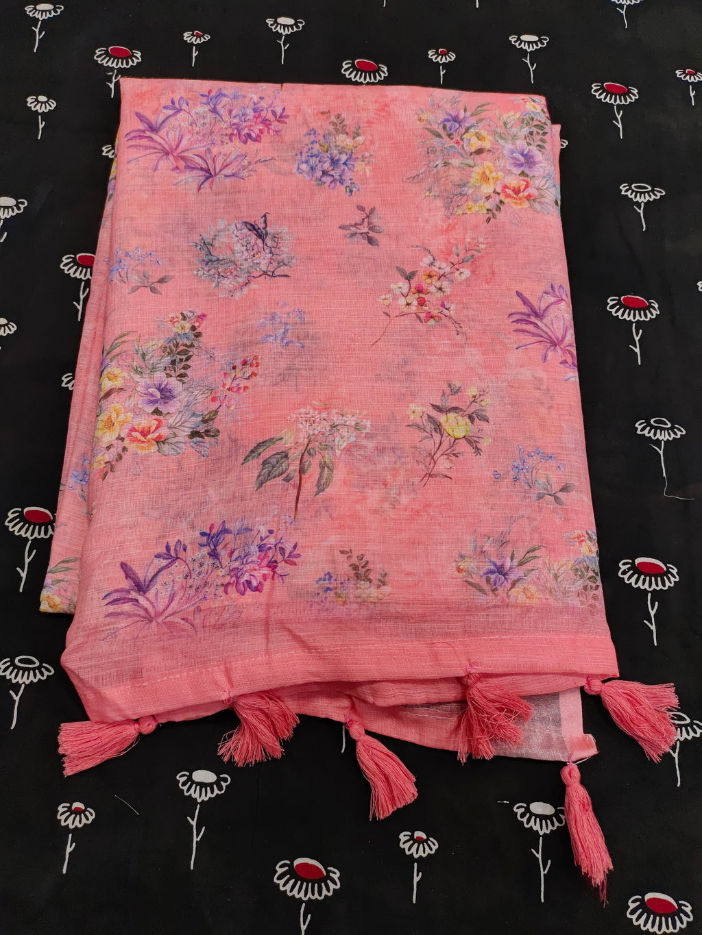 Tomato pink floral linen saree