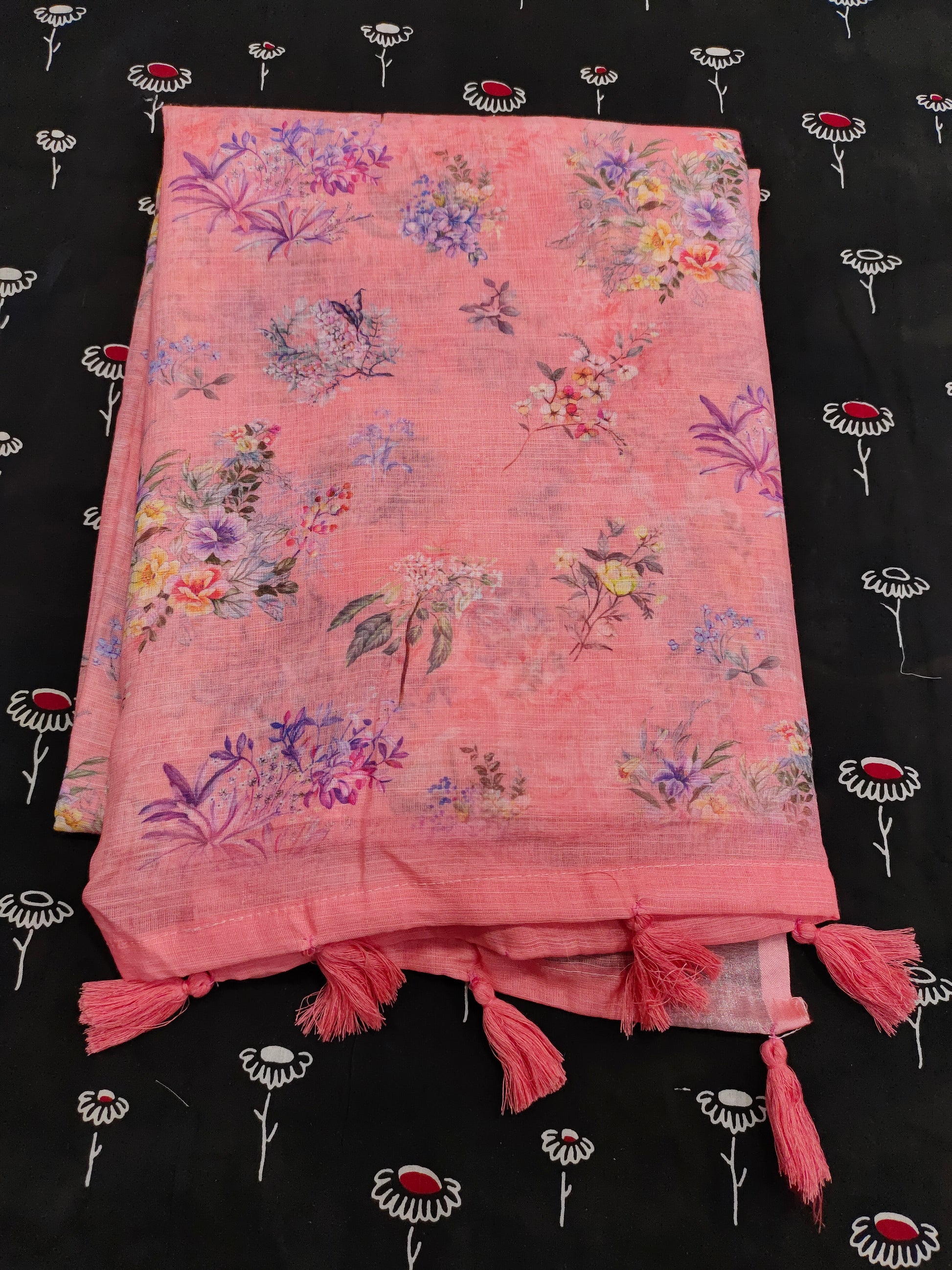 Tomato pink floral linen saree