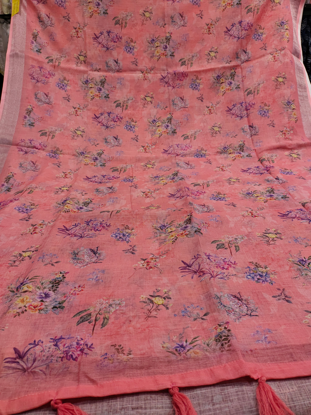Tomato pink floral linen saree