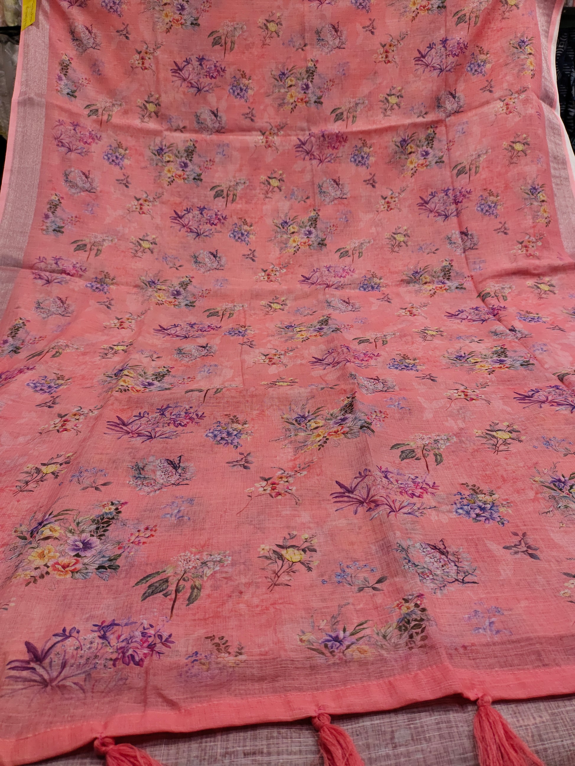 Tomato pink floral linen saree