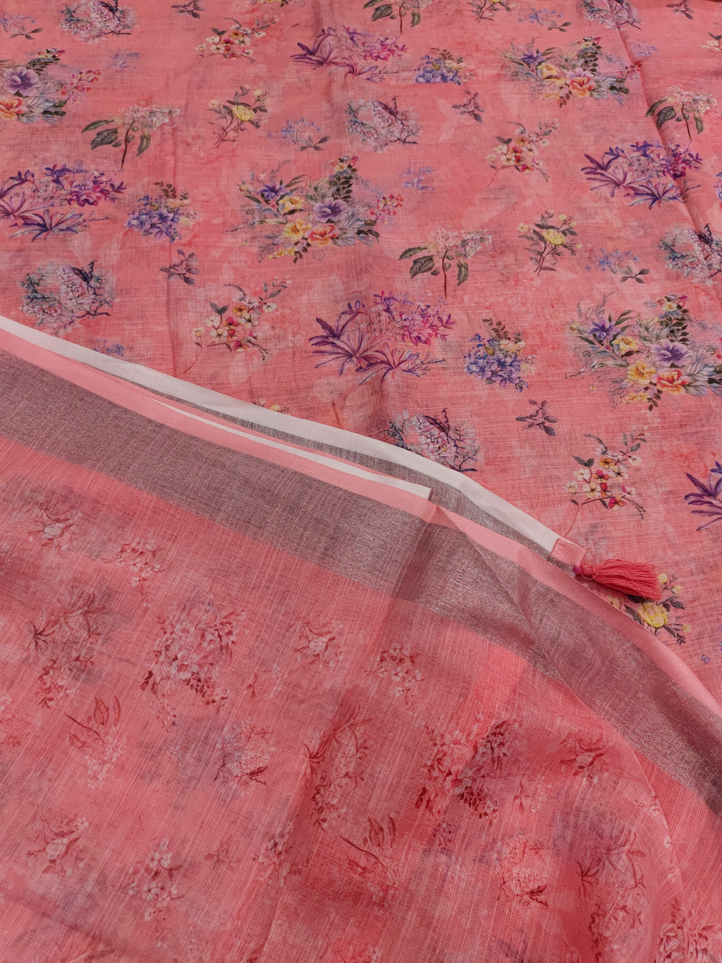 Tomato pink floral linen saree