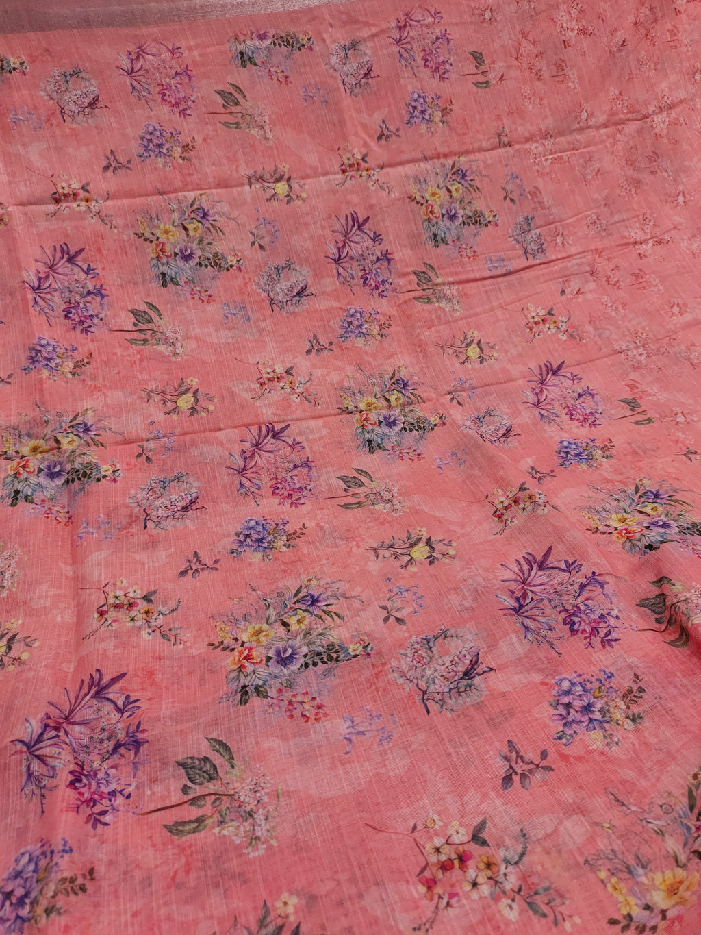 Tomato pink floral linen saree