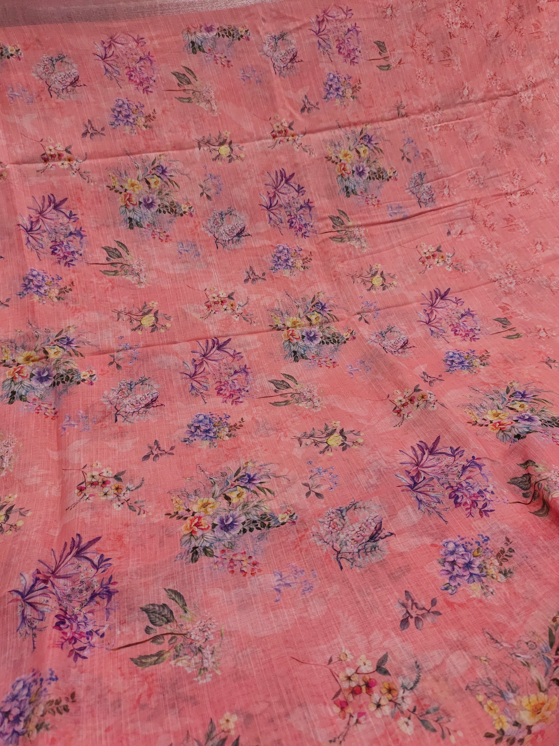 Tomato pink floral linen saree