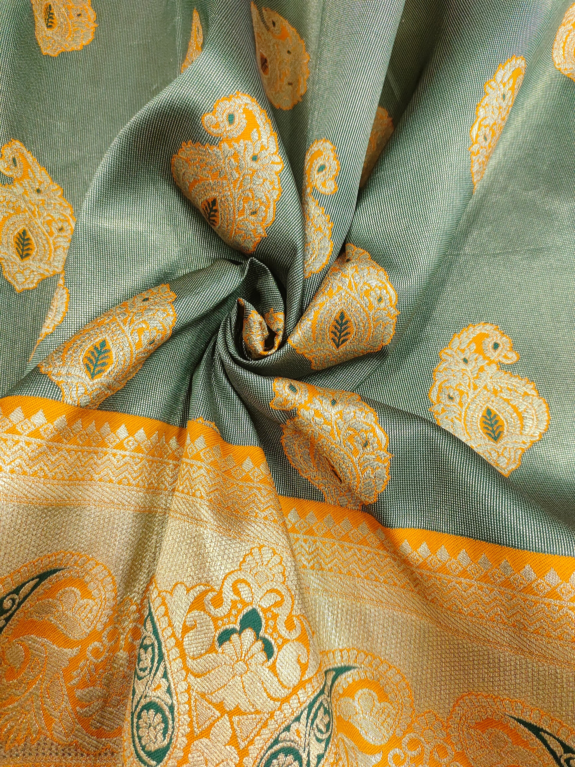 Banarasi silk green with yellow orange