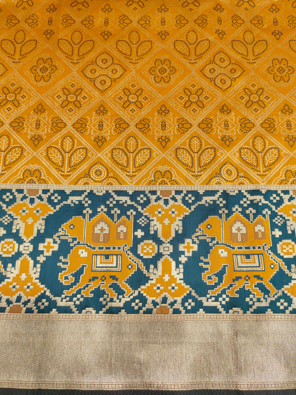 Mustard brocade with blue and gold border