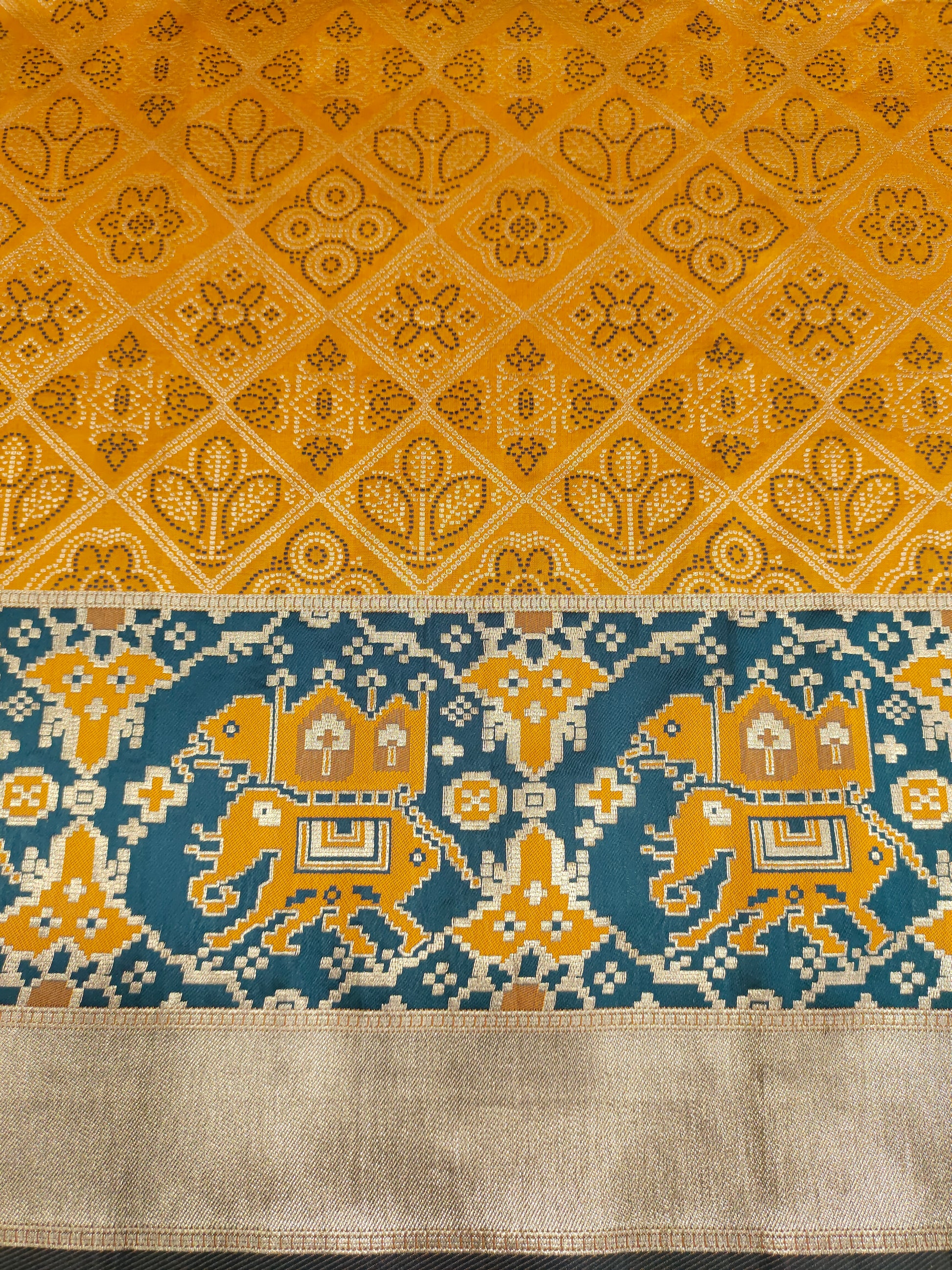 Mustard brocade with blue and gold border